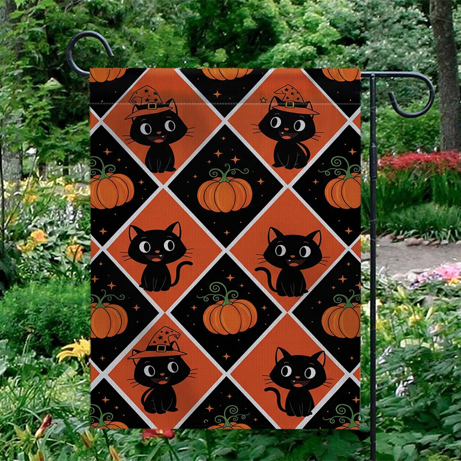 Black Cat Pumpkin Halloween Garden Flag – Cute Fall Outdoor Yard Decor, Witch Cat and Pumpkin Pattern Flag for Porch or Lawn Display