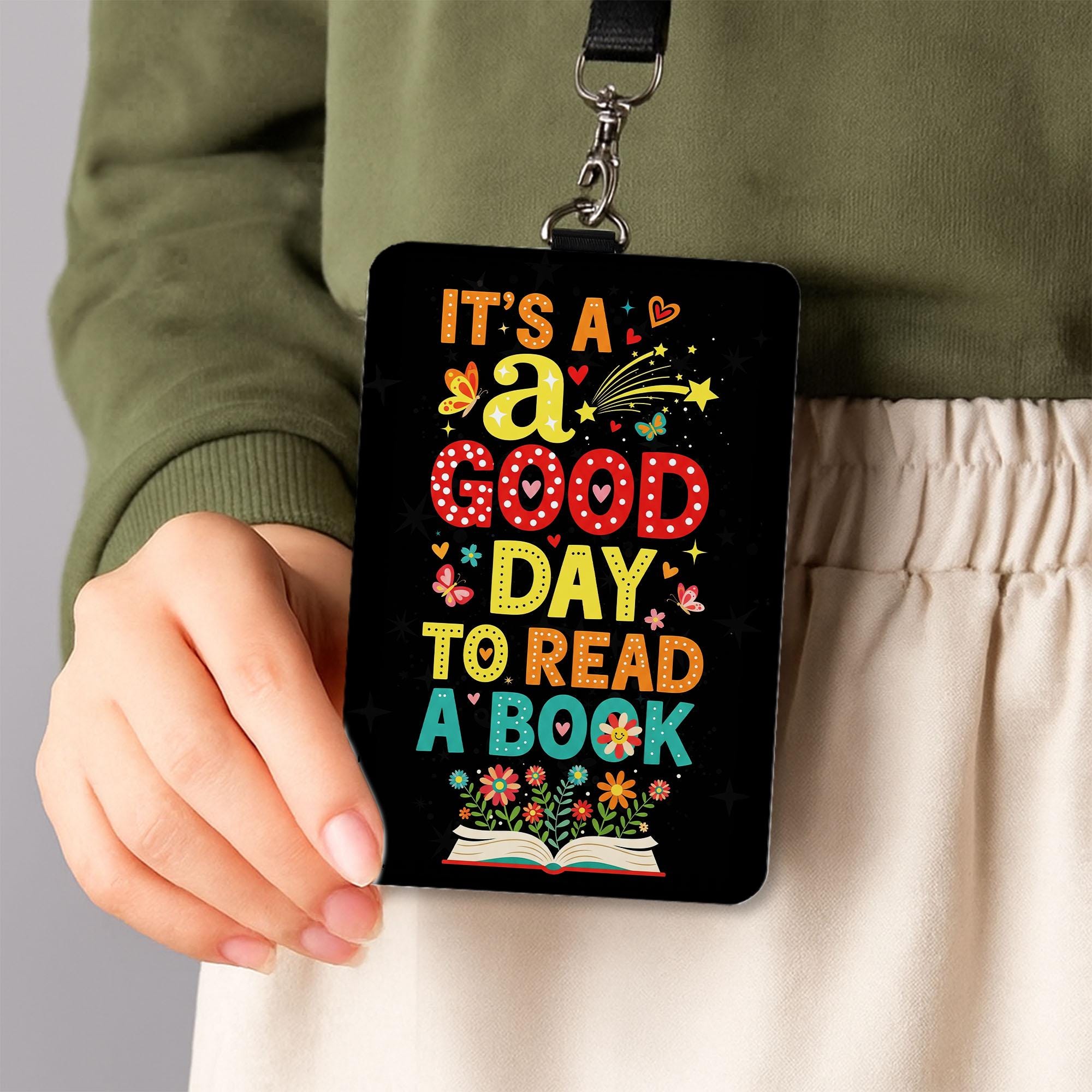It's a Good Day to Read a Book Badge Reel – Colorful Teacher ID Holder – Librarian Gift – Reading Theme Lanyard Accessory, School Supplies