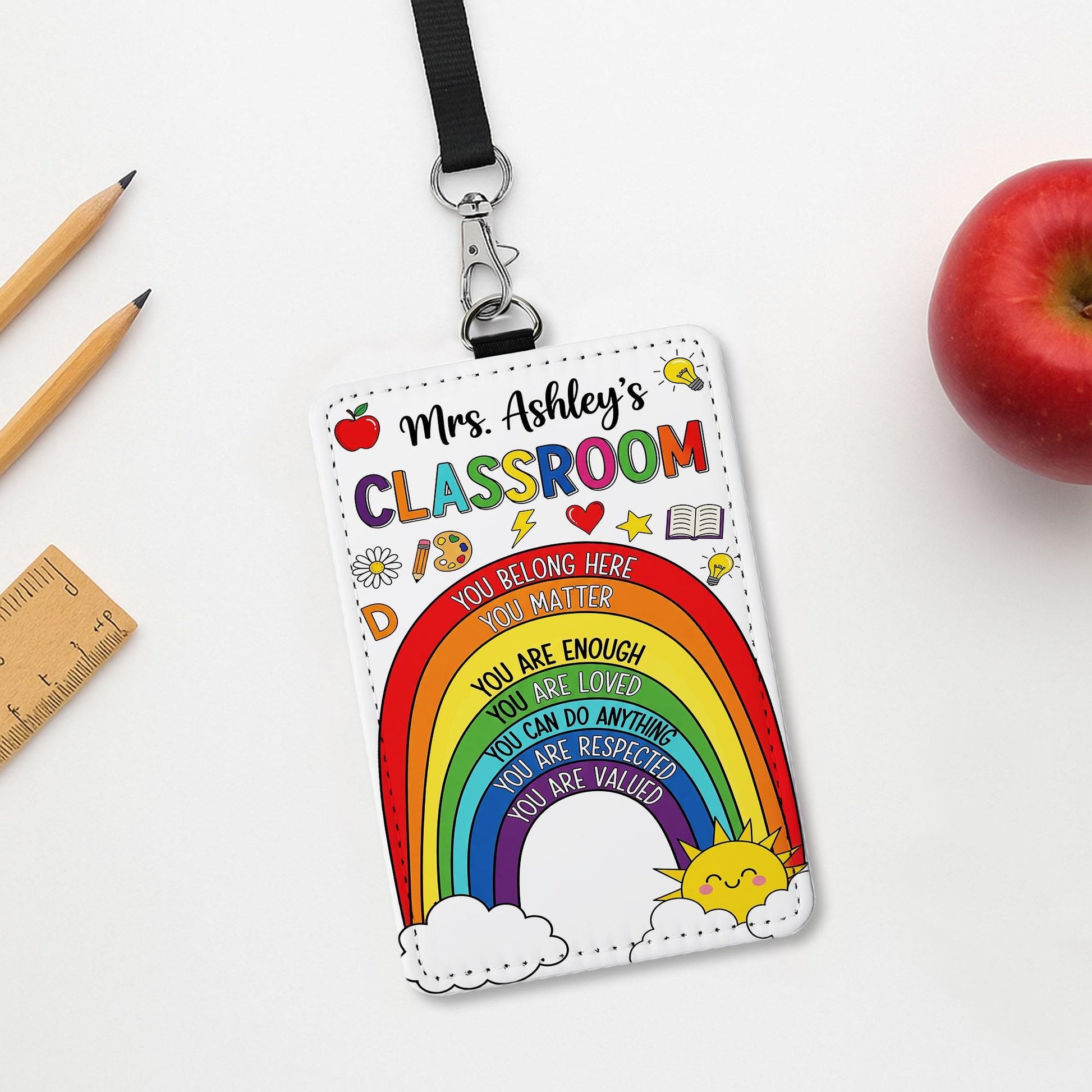 Personalized Rainbow Classroom Badge Reel – Teacher ID Holder with Positive Affirmations – Back to School Gift for Educators, Teachers
