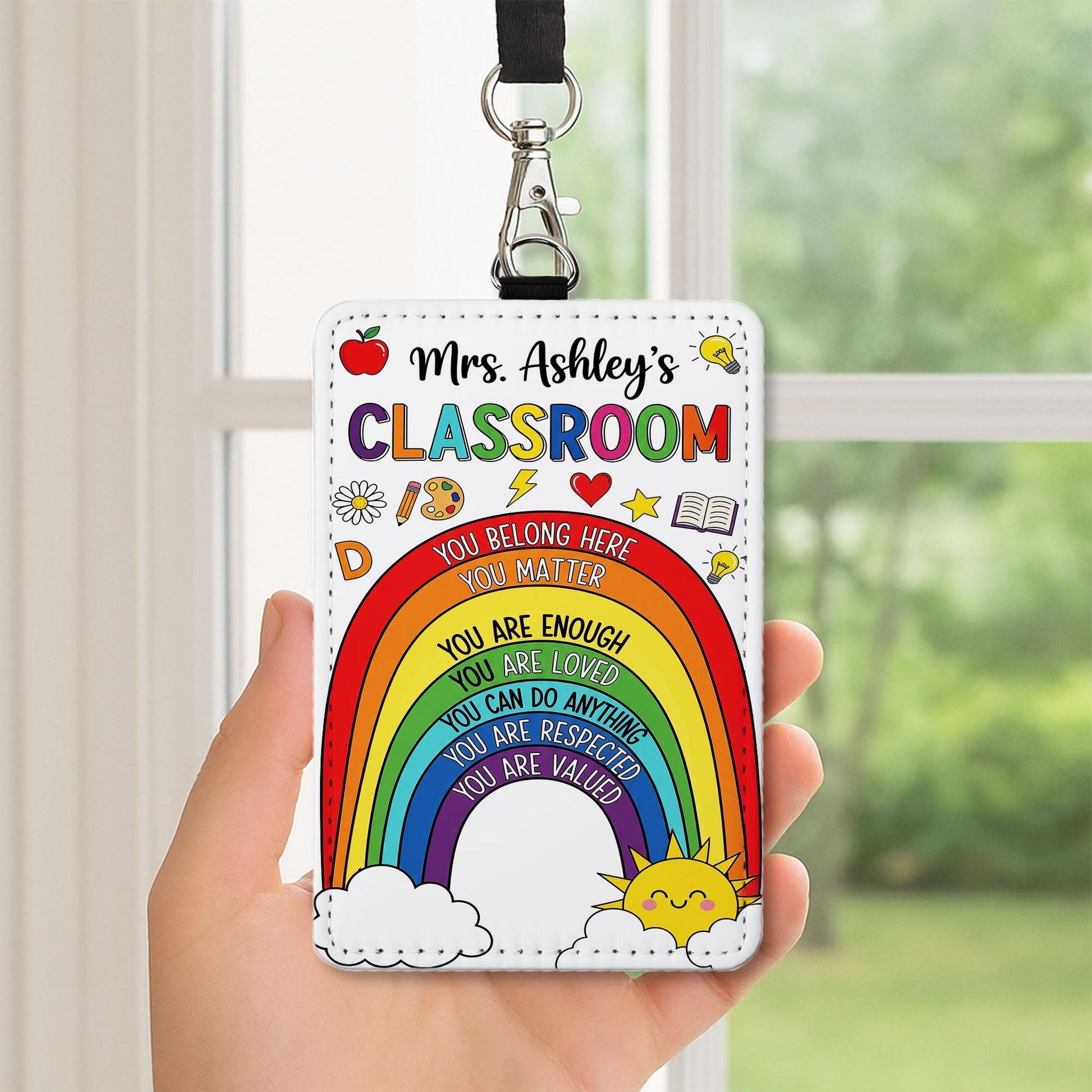 Personalized Rainbow Classroom Badge Reel – Teacher ID Holder with Positive Affirmations – Back to School Gift for Educators, Teachers