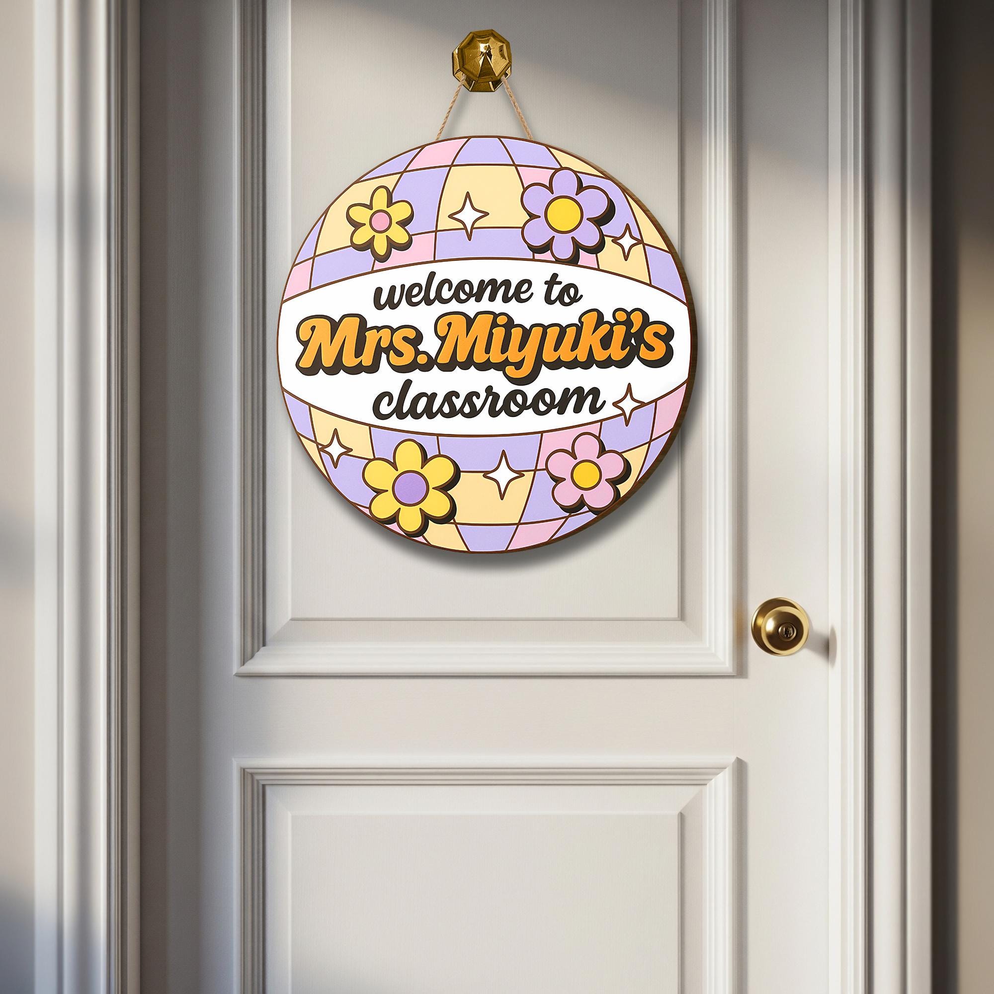 Retro Disco Ball Classroom Door Sign for Teachers - Personalized Welcome Sign with Flowers - Custom Name Floral Decor for School, Classroom