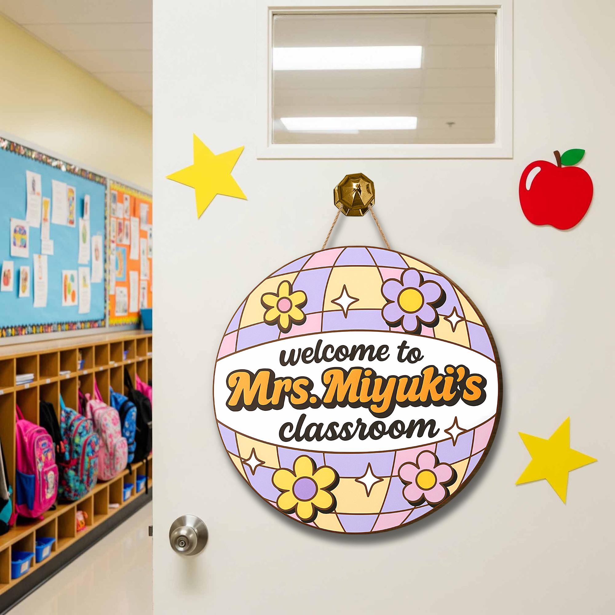 Retro Disco Ball Classroom Door Sign for Teachers - Personalized Welcome Sign with Flowers - Custom Name Floral Decor for School, Classroom