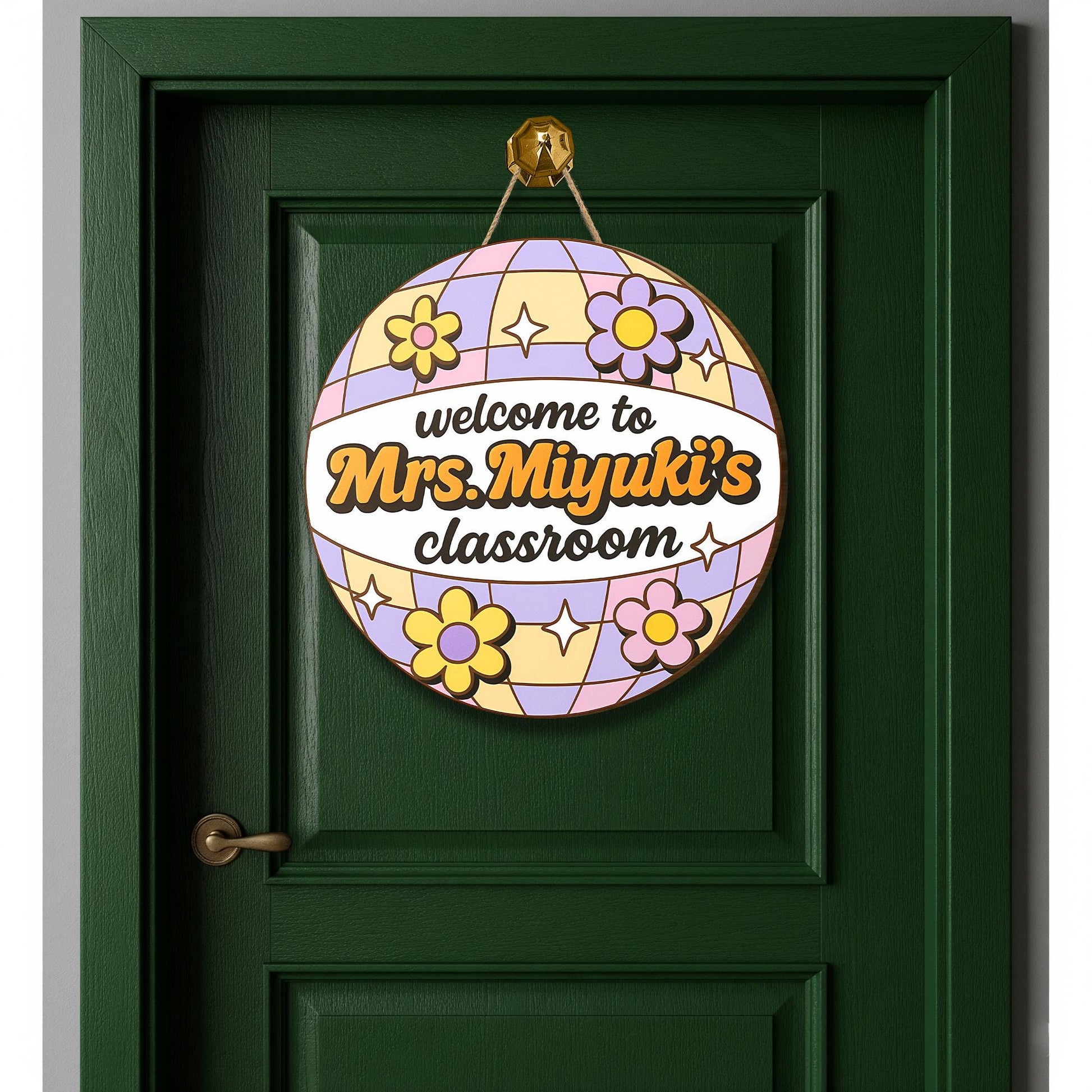 Retro Disco Ball Classroom Door Sign for Teachers - Personalized Welcome Sign with Flowers - Custom Name Floral Decor for School, Classroom