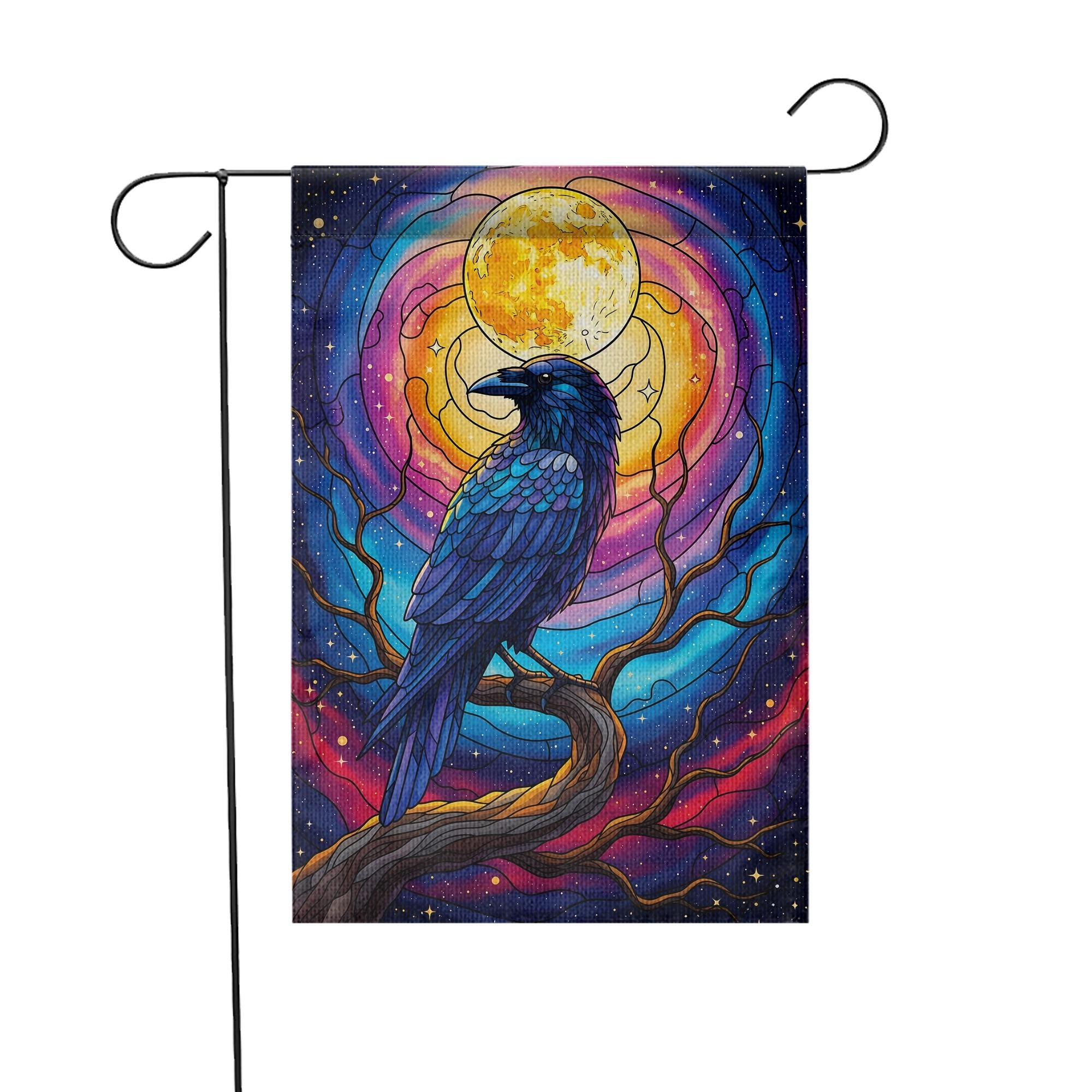 Stained Glass Raven Garden Flag – Mystical Crow Full Moon Yard Decor – Gothic Halloween Outdoor Banner – Fantasy Bird Witchy Flag