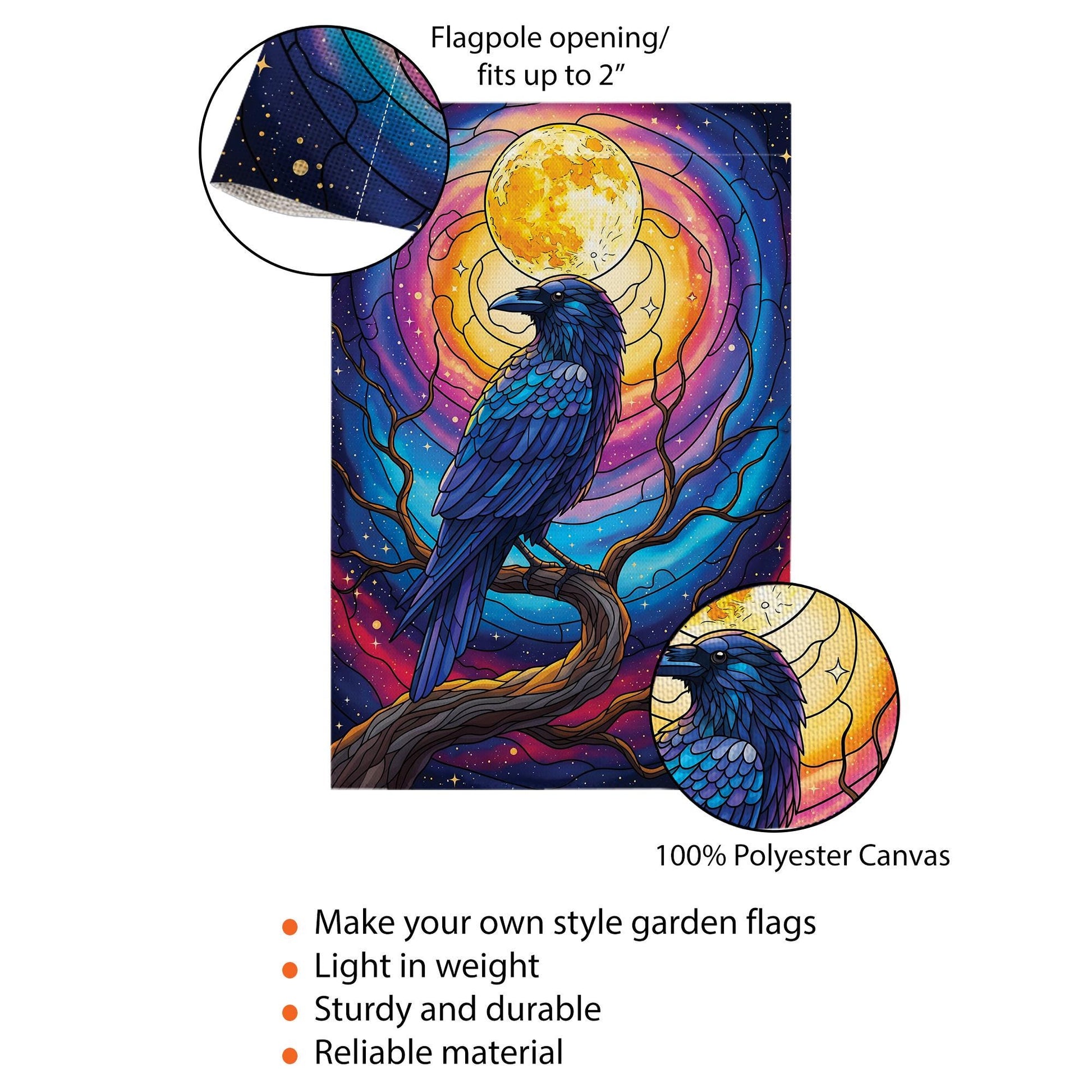 Stained Glass Raven Garden Flag – Mystical Crow Full Moon Yard Decor – Gothic Halloween Outdoor Banner – Fantasy Bird Witchy Flag