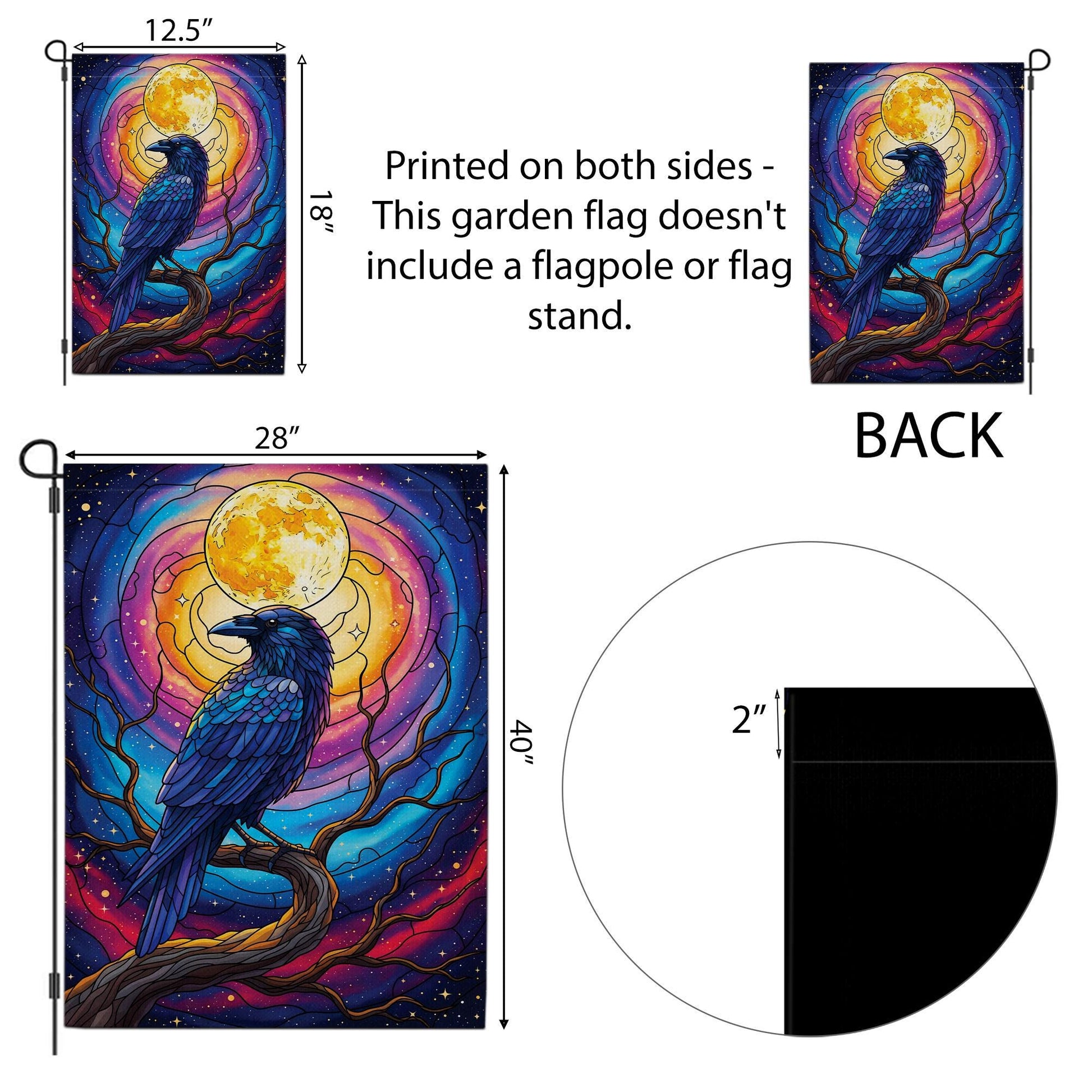 Stained Glass Raven Garden Flag – Mystical Crow Full Moon Yard Decor – Gothic Halloween Outdoor Banner – Fantasy Bird Witchy Flag
