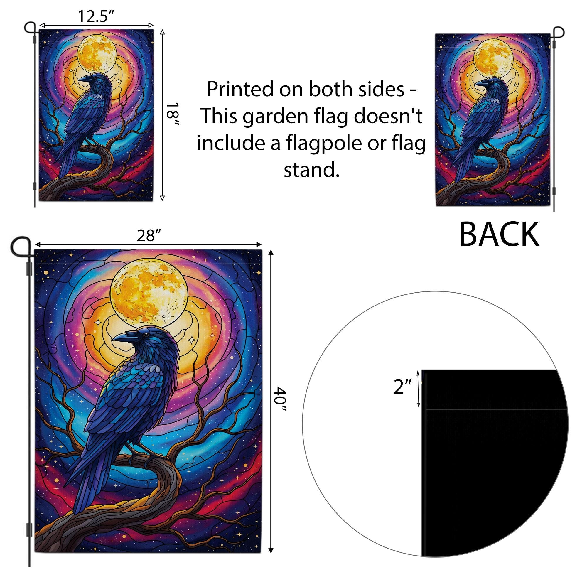 Stained Glass Raven Garden Flag – Mystical Crow Full Moon Yard Decor – Gothic Halloween Outdoor Banner – Fantasy Bird Witchy Flag