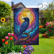 Stained Glass Raven Garden Flag – Mystical Crow Full Moon Yard Decor – Gothic Halloween Outdoor Banner – Fantasy Bird Witchy Flag