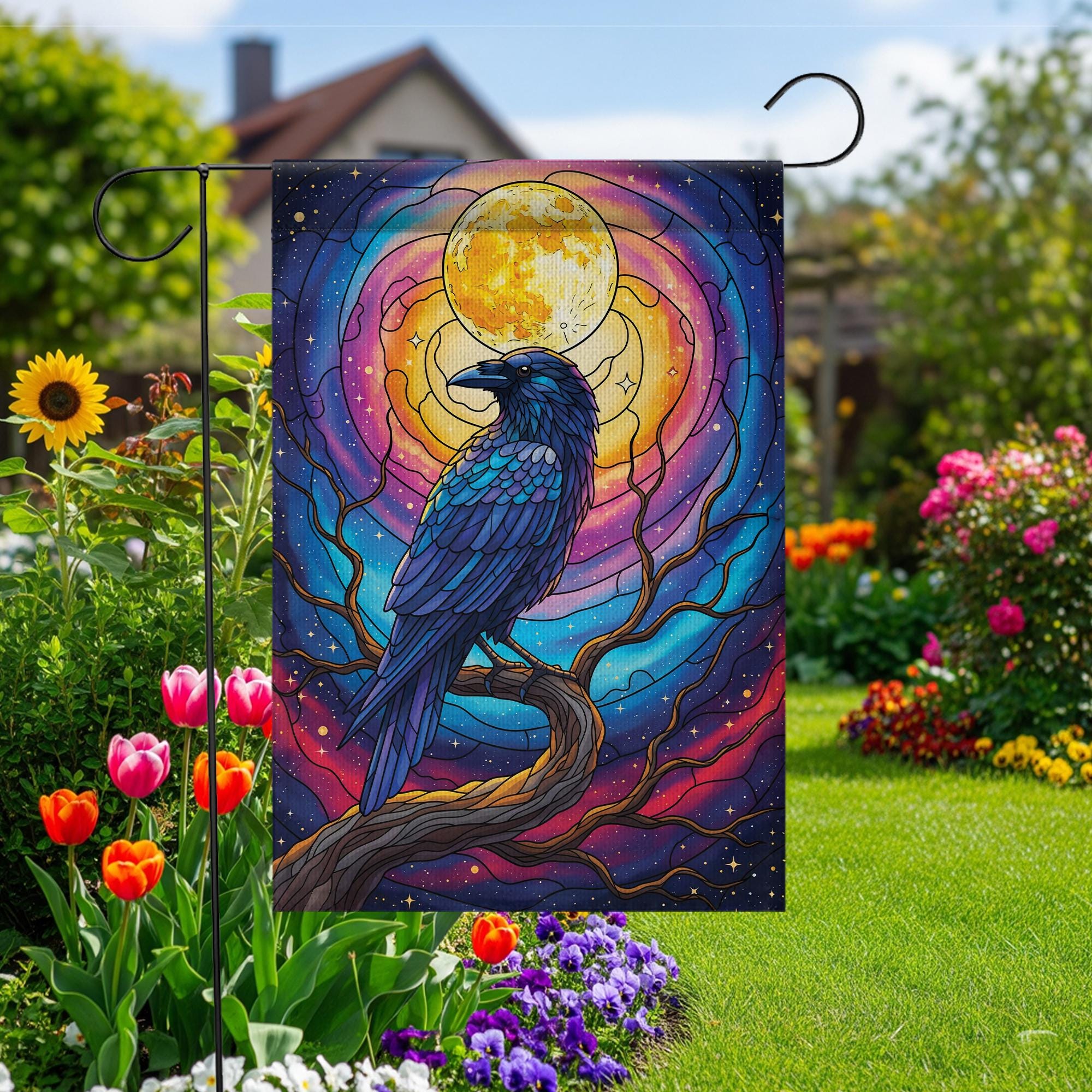 Stained Glass Raven Garden Flag – Mystical Crow Full Moon Yard Decor – Gothic Halloween Outdoor Banner – Fantasy Bird Witchy Flag