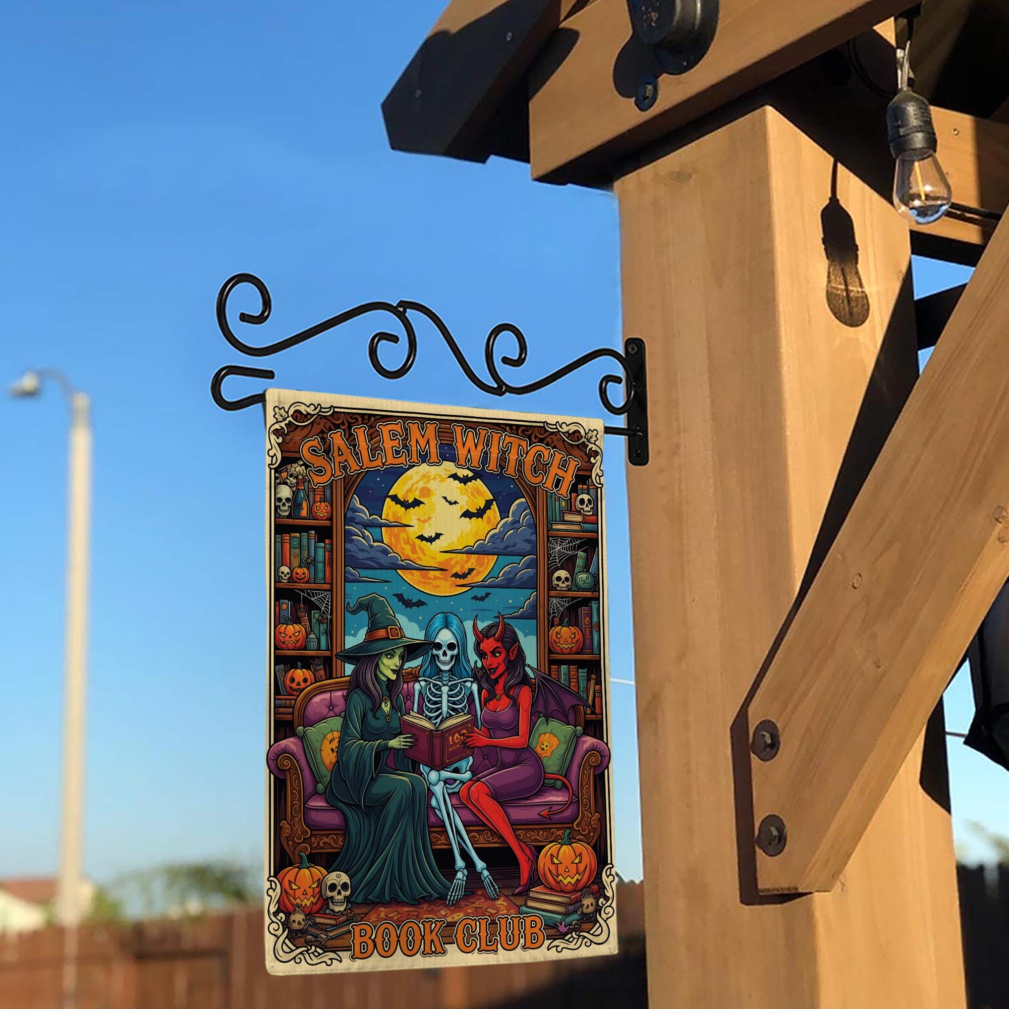 Salem Witch Book Club Flag – Gothic Halloween Garden Banner – Spooky Reading Witch Skeleton Devil Yard Decor – Occult Bookish Gift