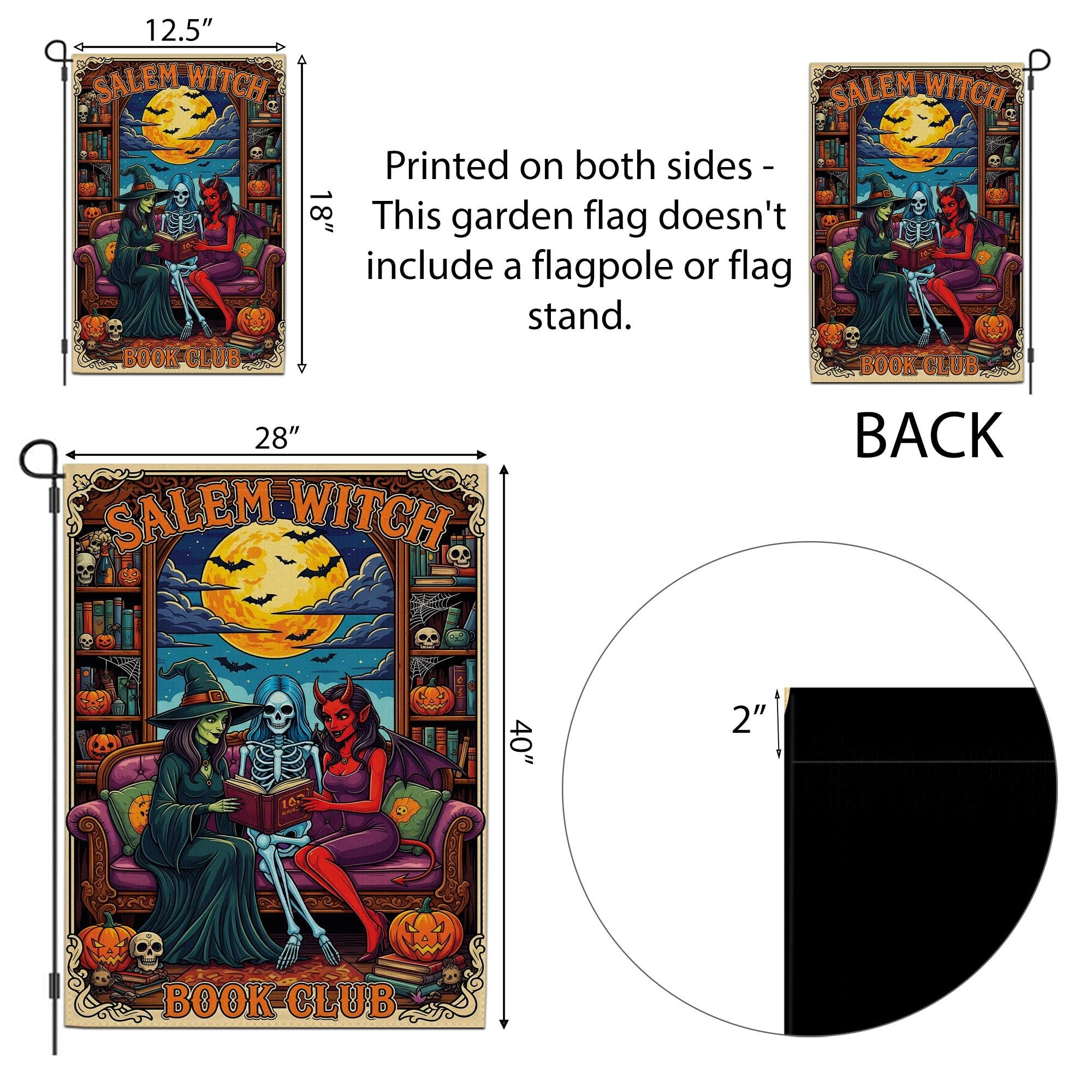 Salem Witch Book Club Flag – Gothic Halloween Garden Banner – Spooky Reading Witch Skeleton Devil Yard Decor – Occult Bookish Gift