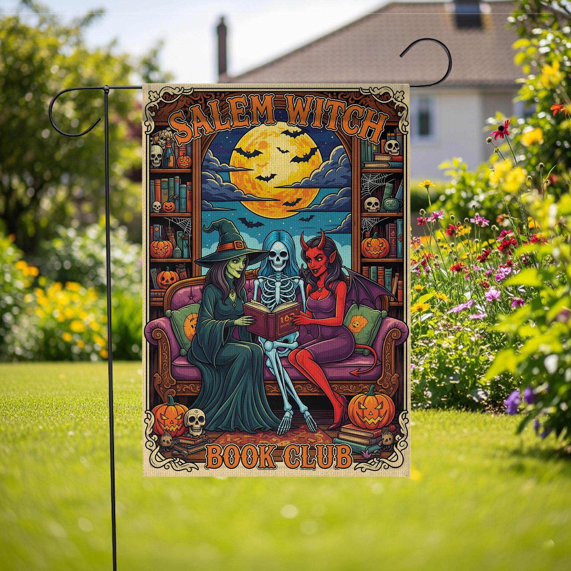 Salem Witch Book Club Flag – Gothic Halloween Garden Banner – Spooky Reading Witch Skeleton Devil Yard Decor – Occult Bookish Gift