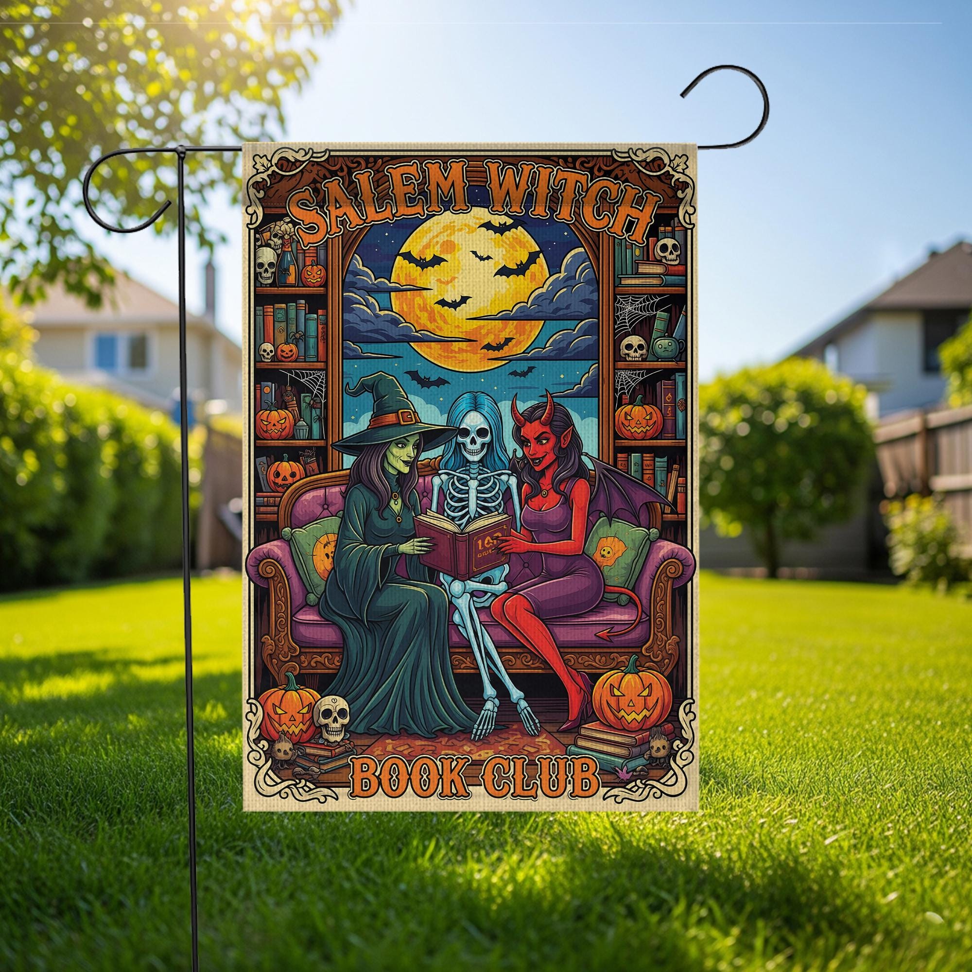 Salem Witch Book Club Flag – Gothic Halloween Garden Banner – Spooky Reading Witch Skeleton Devil Yard Decor – Occult Bookish Gift