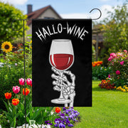 Hallo-Wine Garden Flag – Funny Skeleton Wine Halloween Yard Decor – Spooky Wine Lover Gift – Halloween Outdoor Flag for Witches