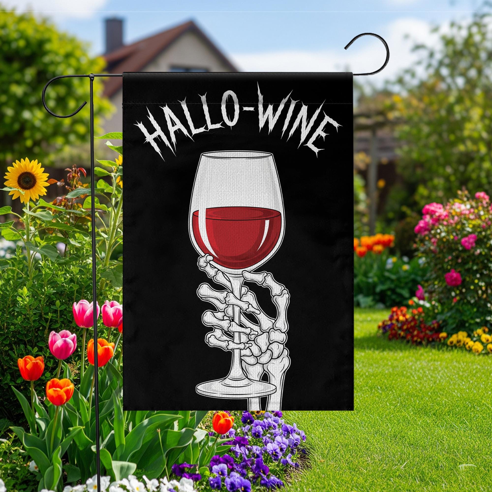 Hallo-Wine Garden Flag – Funny Skeleton Wine Halloween Yard Decor – Spooky Wine Lover Gift – Halloween Outdoor Flag for Witches