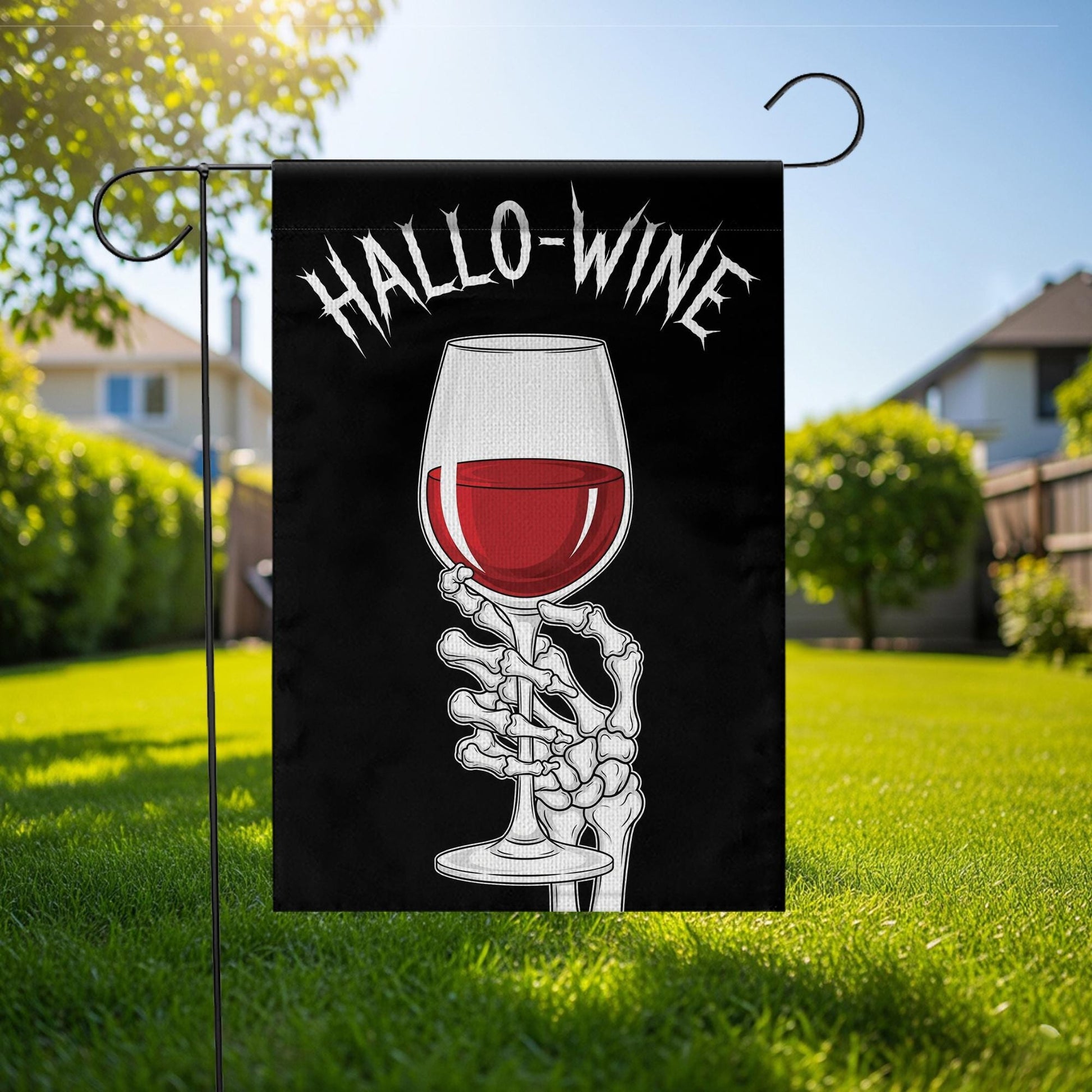 Hallo-Wine Garden Flag – Funny Skeleton Wine Halloween Yard Decor – Spooky Wine Lover Gift – Halloween Outdoor Flag for Witches