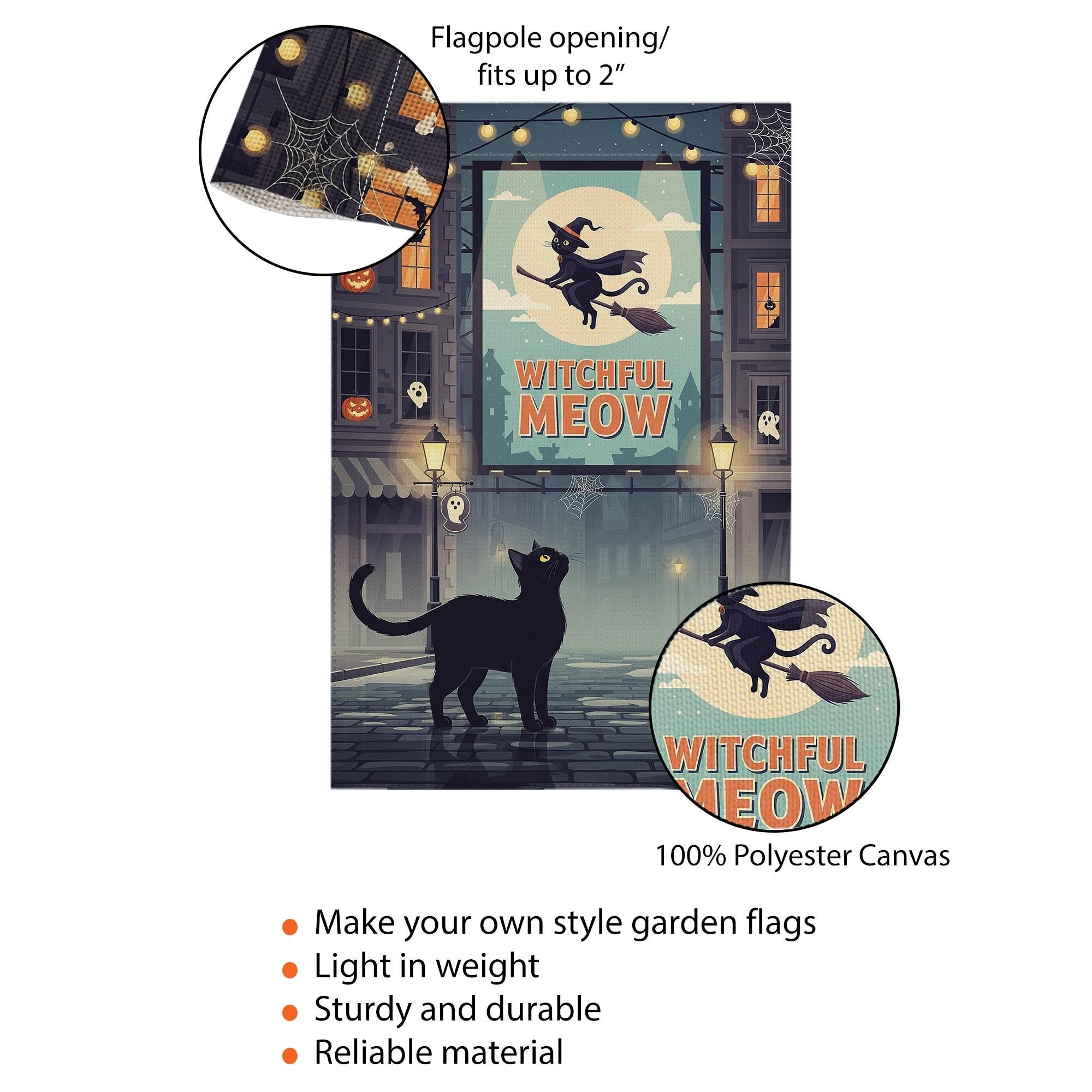 Witchful Meow Garden Flag – Halloween Black Cat Witch Yard Decor – Cute Spooky Outdoor Banner – Flying Cat Fall Porch Decoration