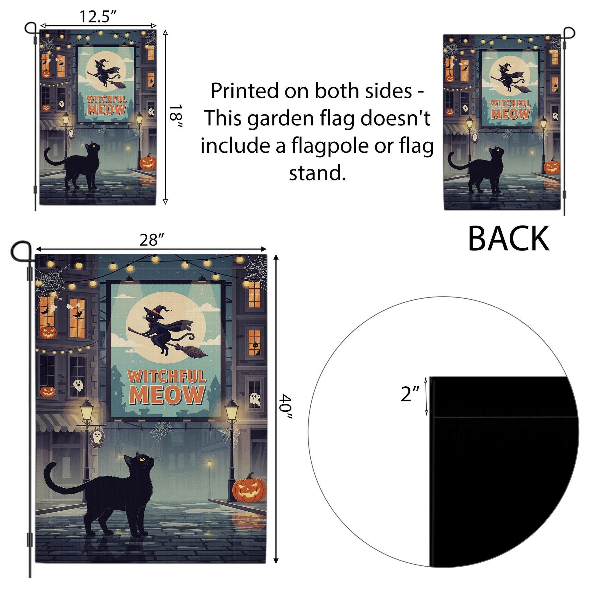 Witchful Meow Garden Flag – Halloween Black Cat Witch Yard Decor – Cute Spooky Outdoor Banner – Flying Cat Fall Porch Decoration