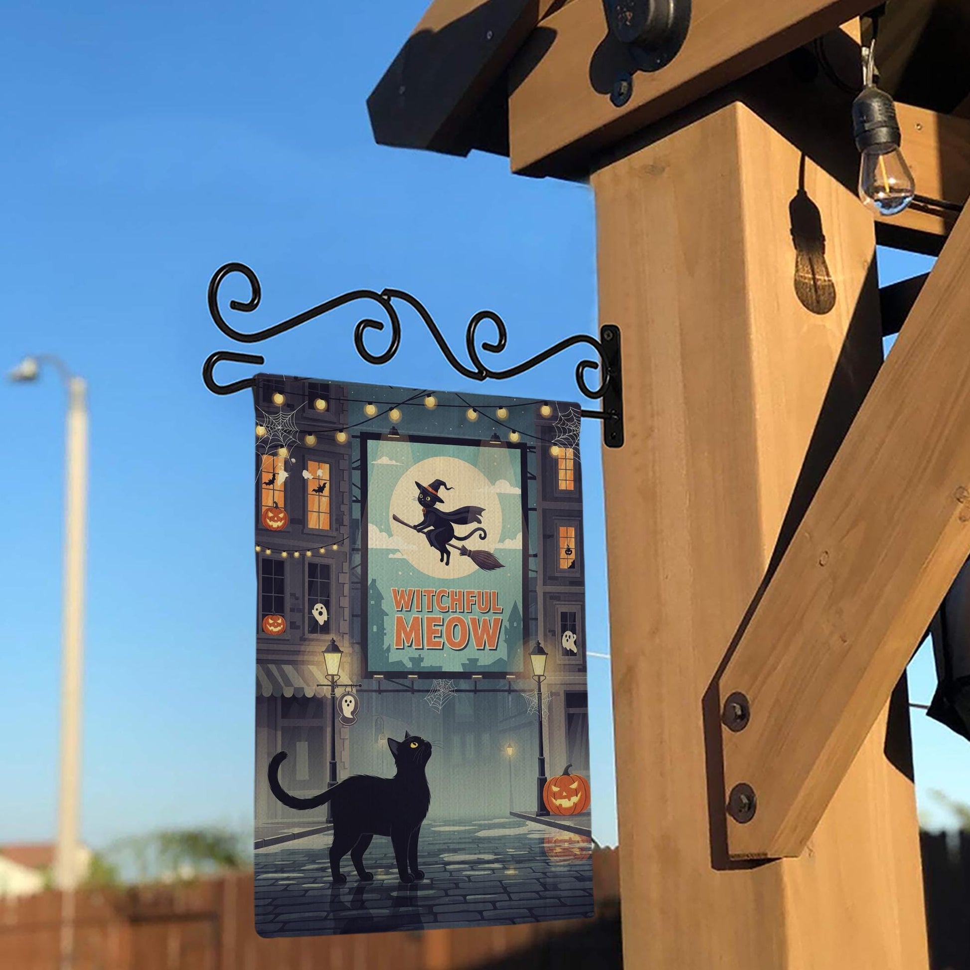 Witchful Meow Garden Flag – Halloween Black Cat Witch Yard Decor – Cute Spooky Outdoor Banner – Flying Cat Fall Porch Decoration