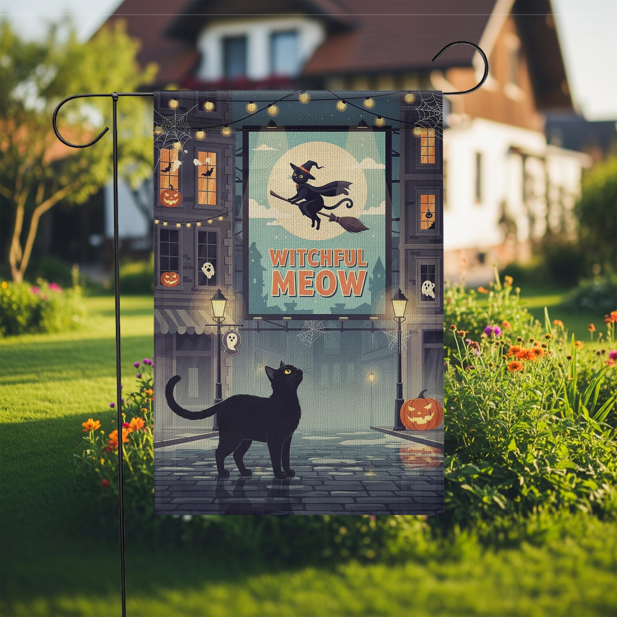 Witchful Meow Garden Flag – Halloween Black Cat Witch Yard Decor – Cute Spooky Outdoor Banner – Flying Cat Fall Porch Decoration