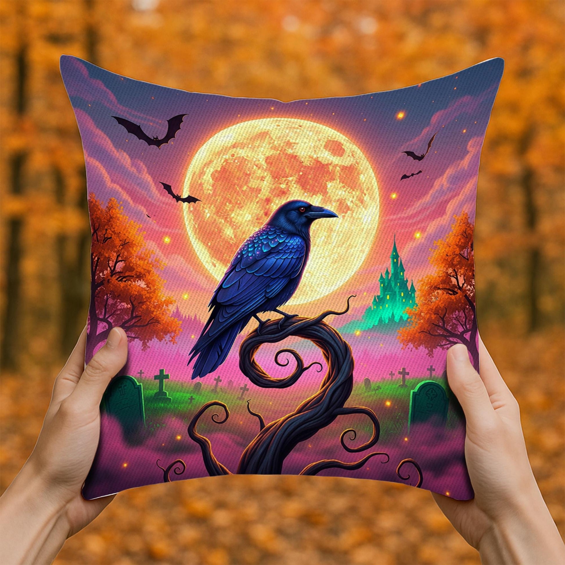 Gothic Raven Moon Pillow – Halloween Crow Graveyard Cushion – Spooky Full Moon Throw Pillow – Witchy Forest Decor for Fall