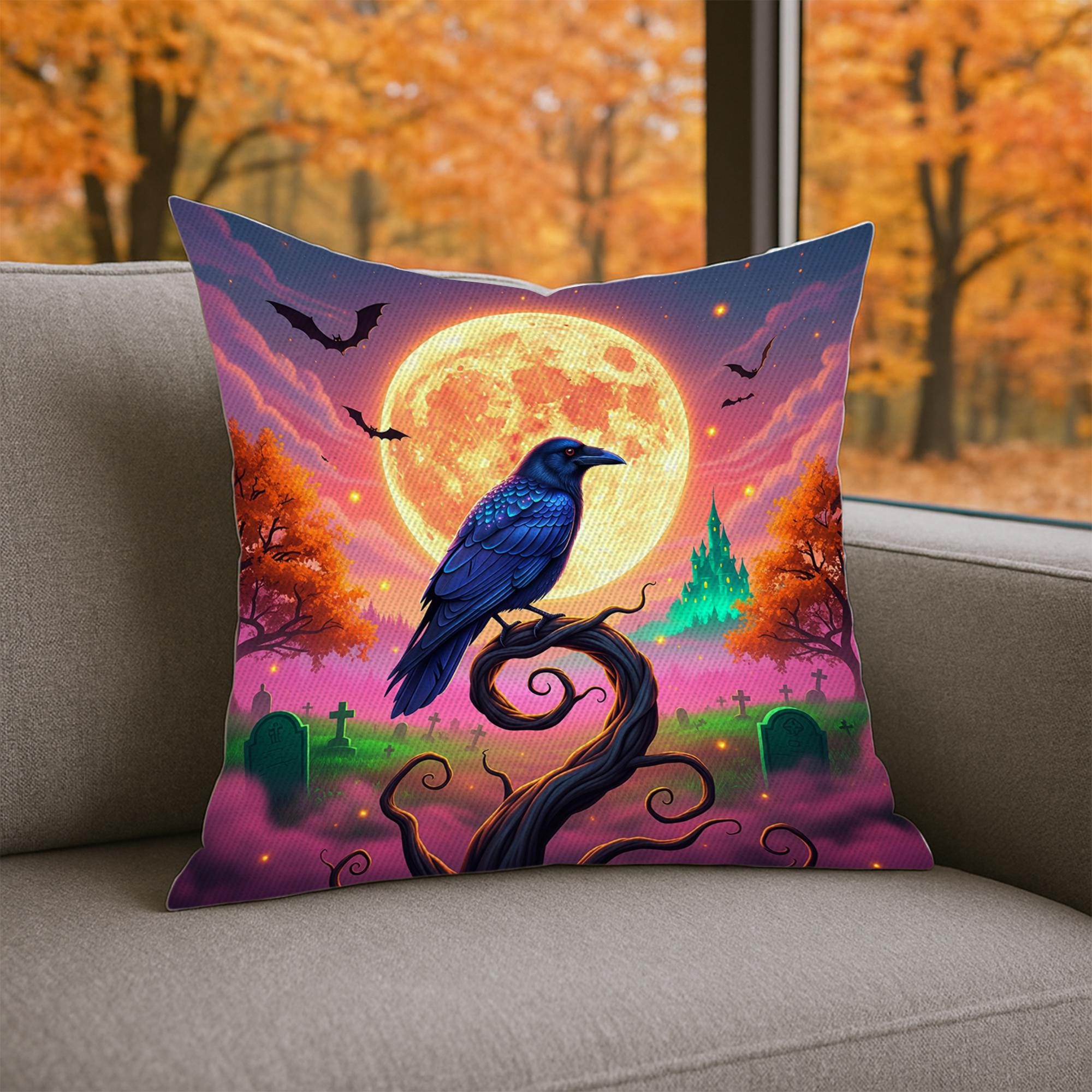 Gothic Raven Moon Pillow – Halloween Crow Graveyard Cushion – Spooky Full Moon Throw Pillow – Witchy Forest Decor for Fall