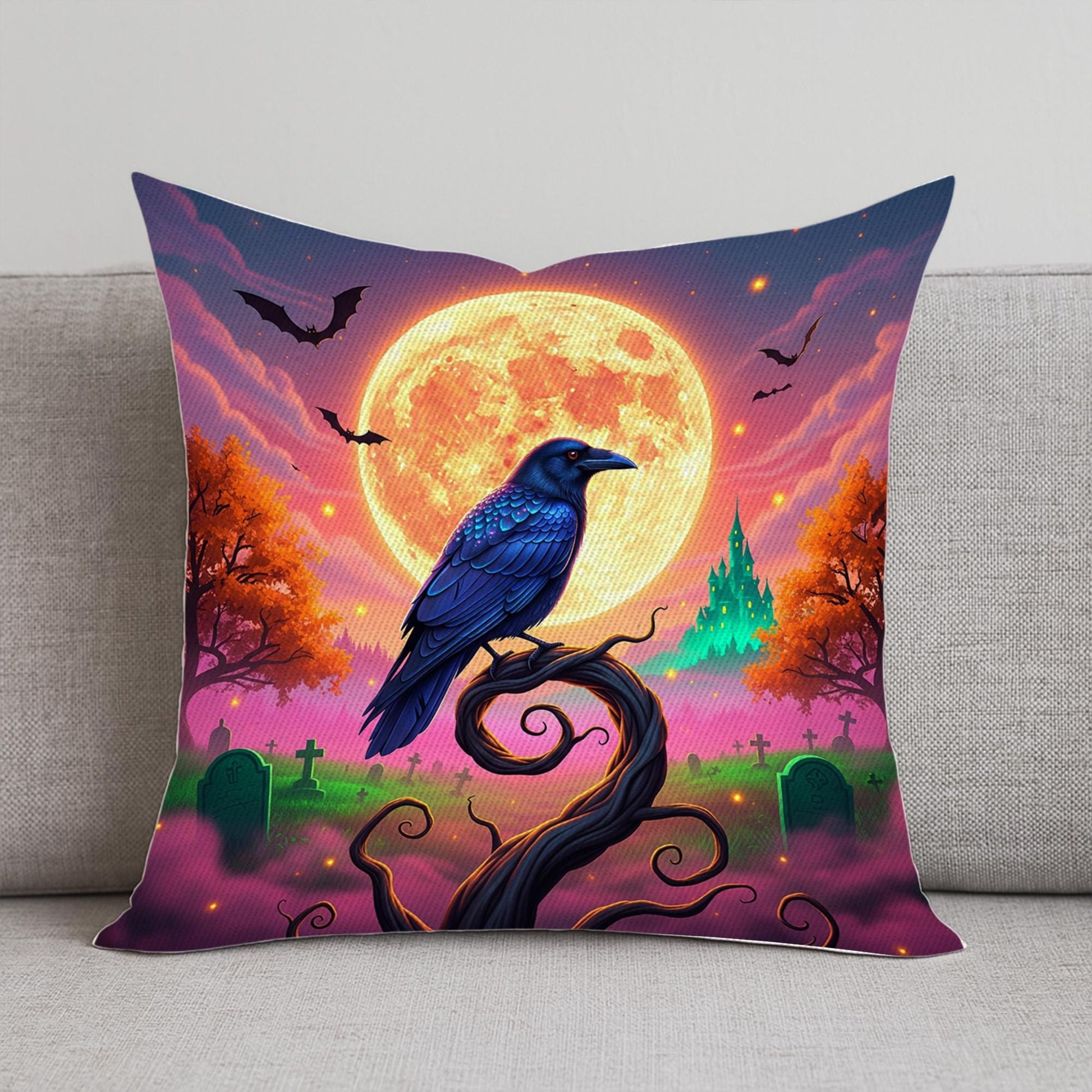 Gothic Raven Moon Pillow – Halloween Crow Graveyard Cushion – Spooky Full Moon Throw Pillow – Witchy Forest Decor for Fall