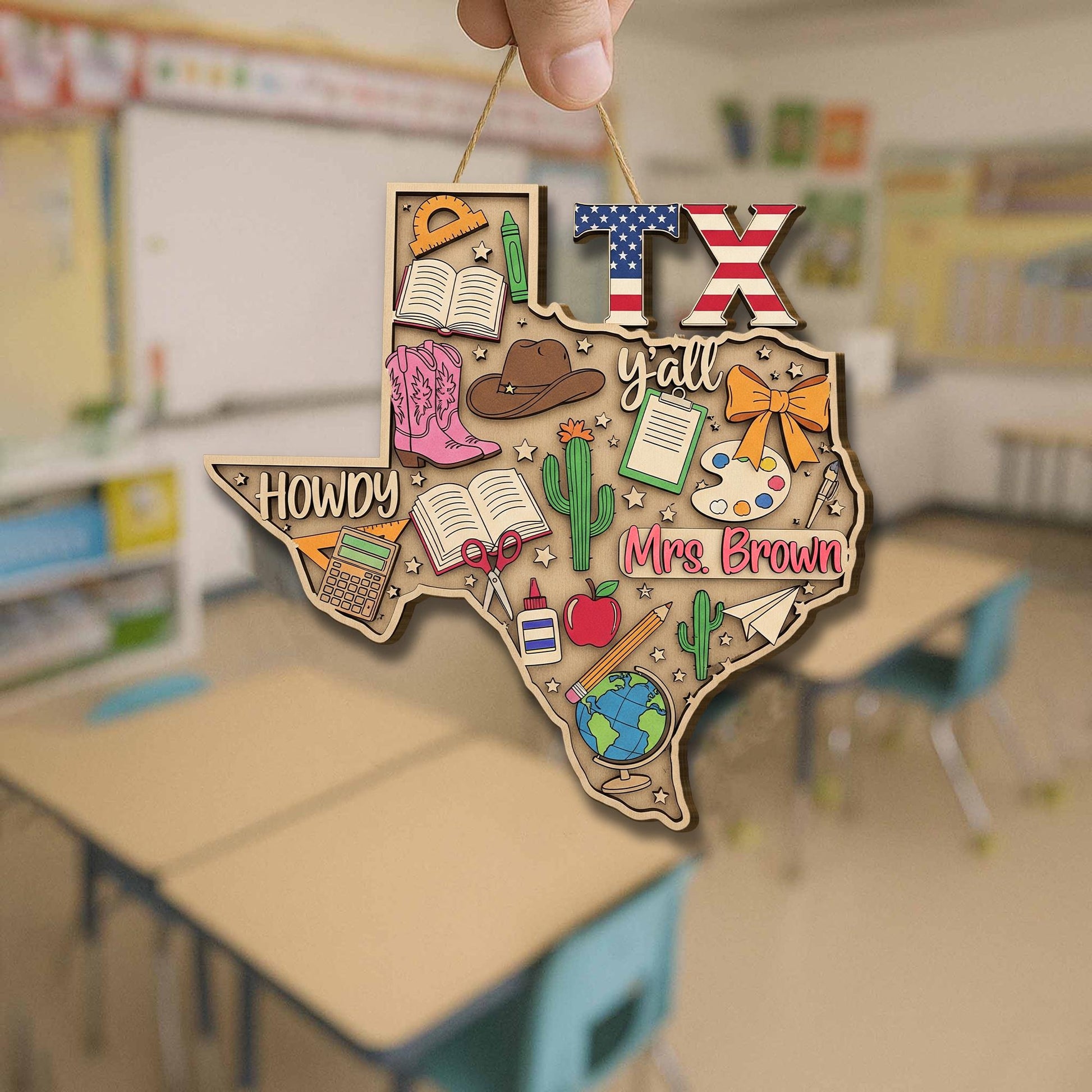 Custom Texas Teacher Door Sign – Personalized Classroom Decor, Western Wood Hanging, Back to School Gift for Teachers