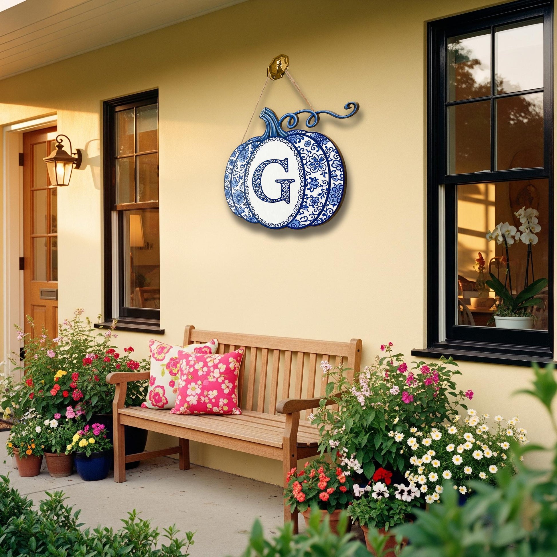Blue and White Pumpkin Monogram Door Sign – Custom Wooden Fall Decor, Chinoiserie Initial Sign for Porch, Front Door or Wall