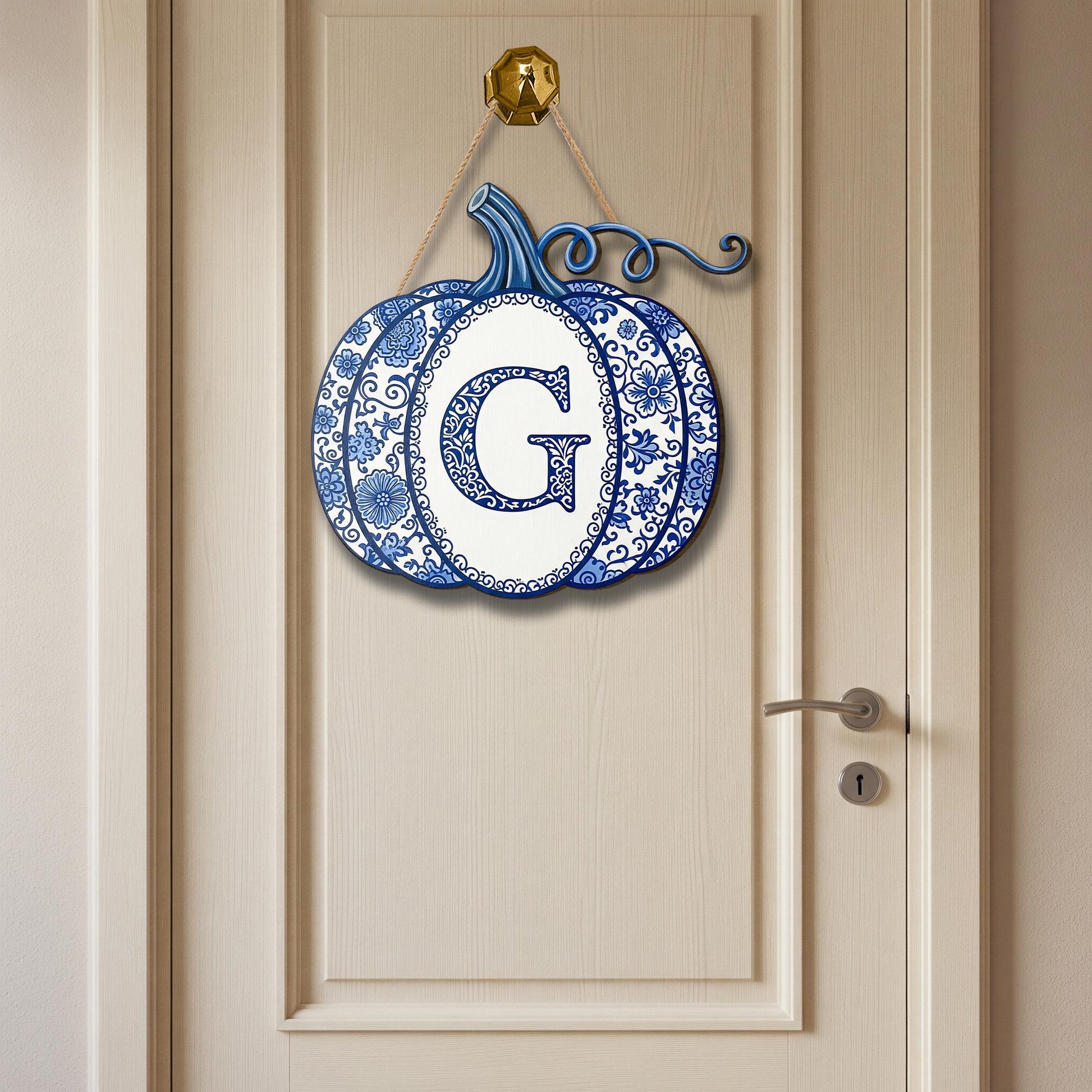 Blue and White Pumpkin Monogram Door Sign – Custom Wooden Fall Decor, Chinoiserie Initial Sign for Porch, Front Door or Wall