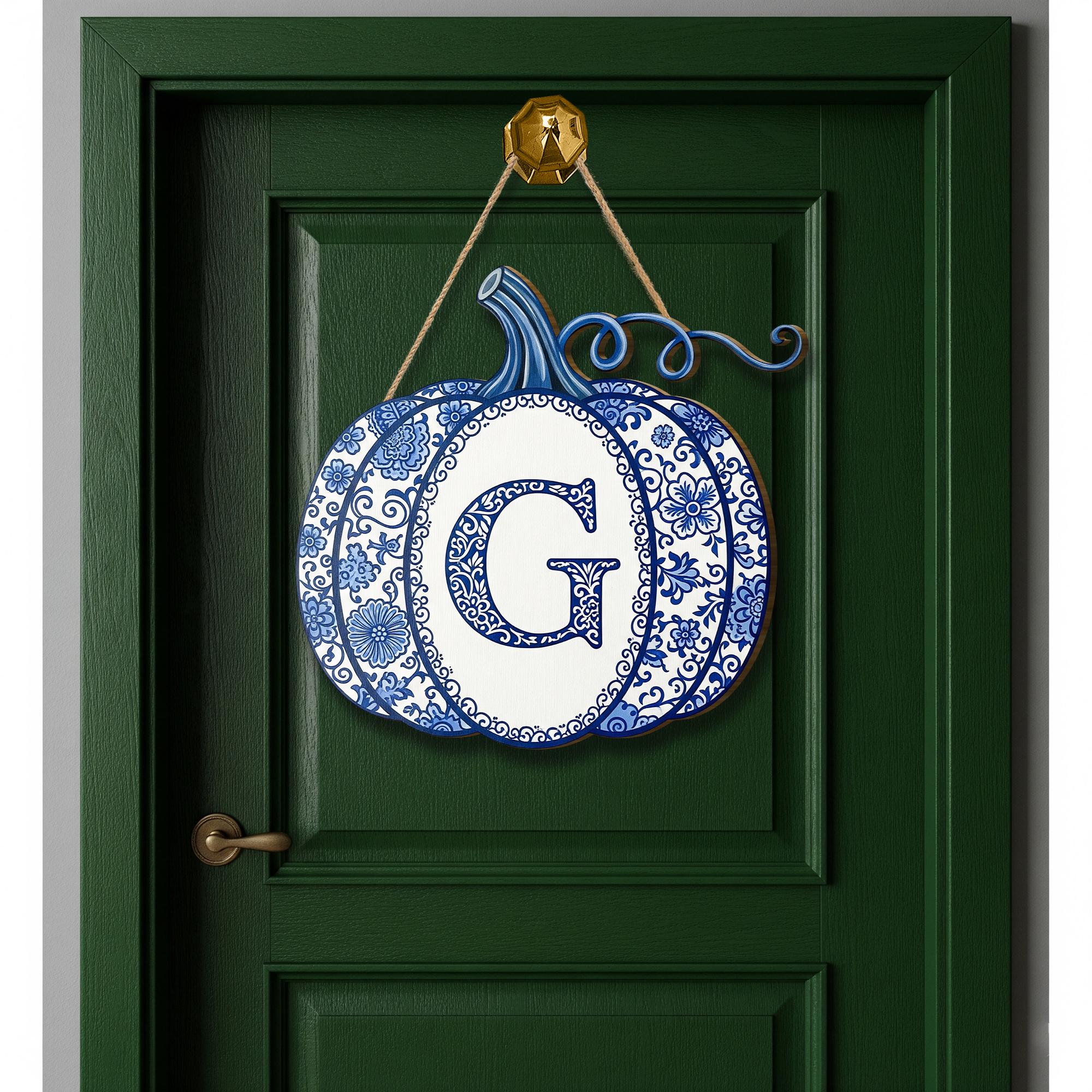 Blue and White Pumpkin Monogram Door Sign – Custom Wooden Fall Decor, Chinoiserie Initial Sign for Porch, Front Door or Wall