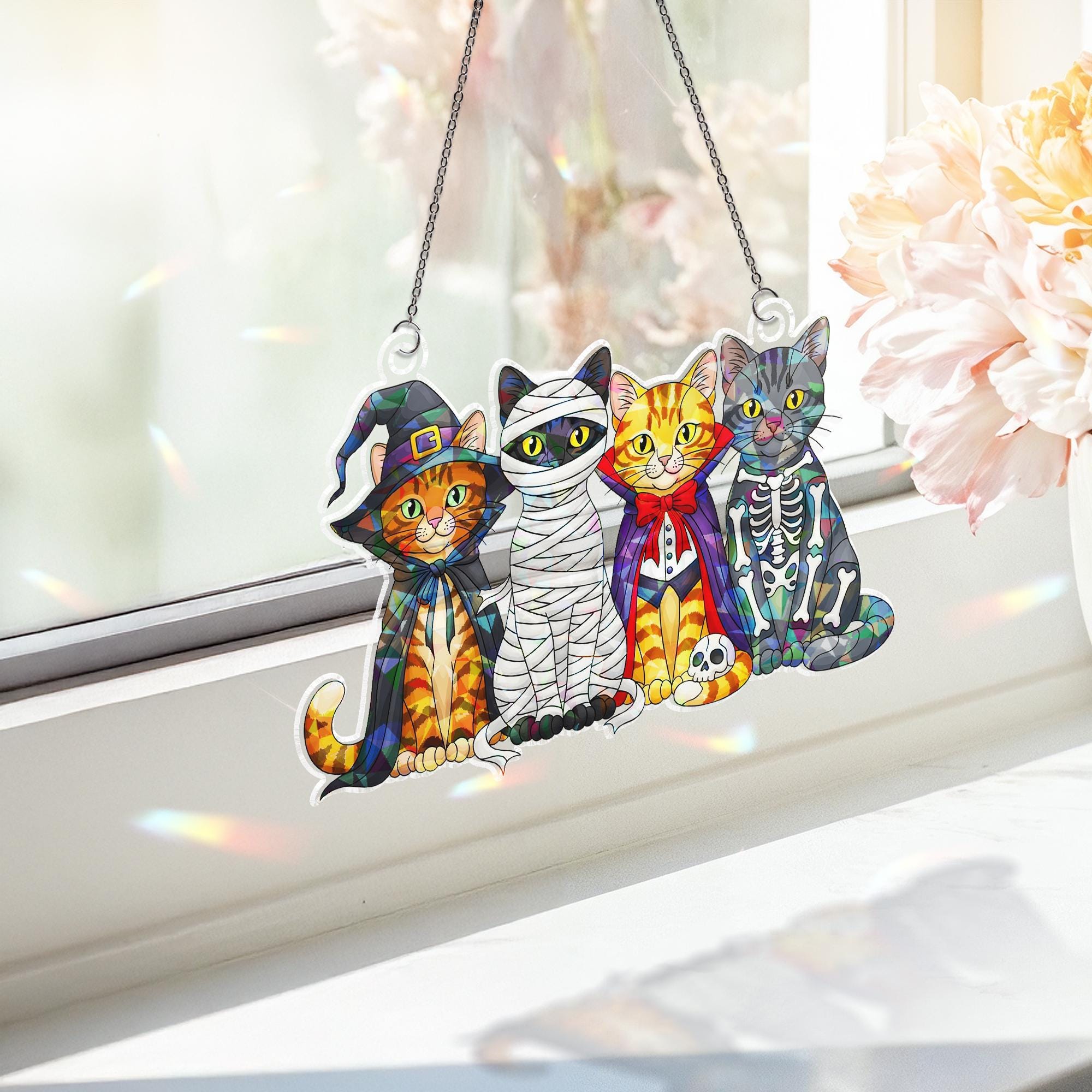 Halloween Cat Suncatcher, Stained Glass Style Spooky Cats, Witchy Window Hanging, Black Cat Wall Decor, Halloween Gift for Cat Lover