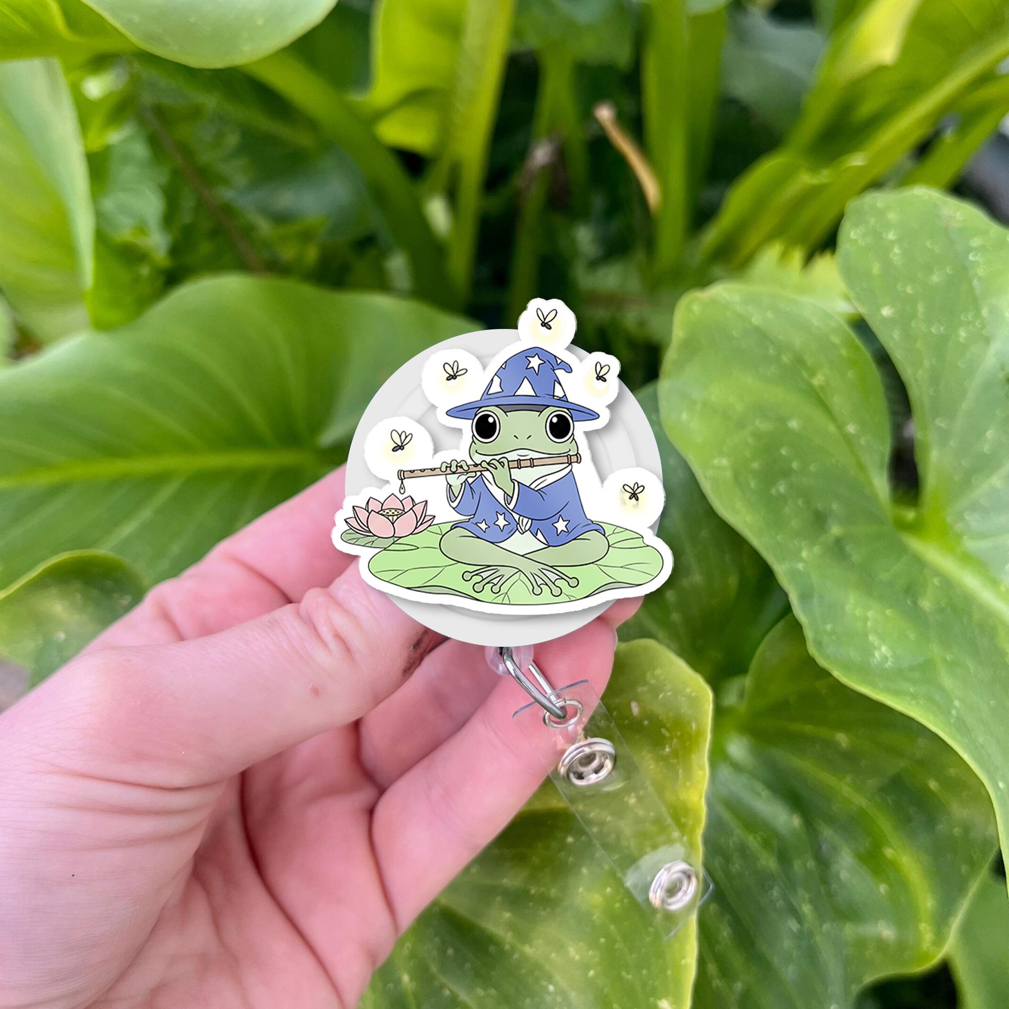Wizard Frog Badge Reel – Cute Retractable ID Clip for Nurses, Teachers, or Students, Frog Playing Flute on Lily Pad, Fantasy Gift Idea