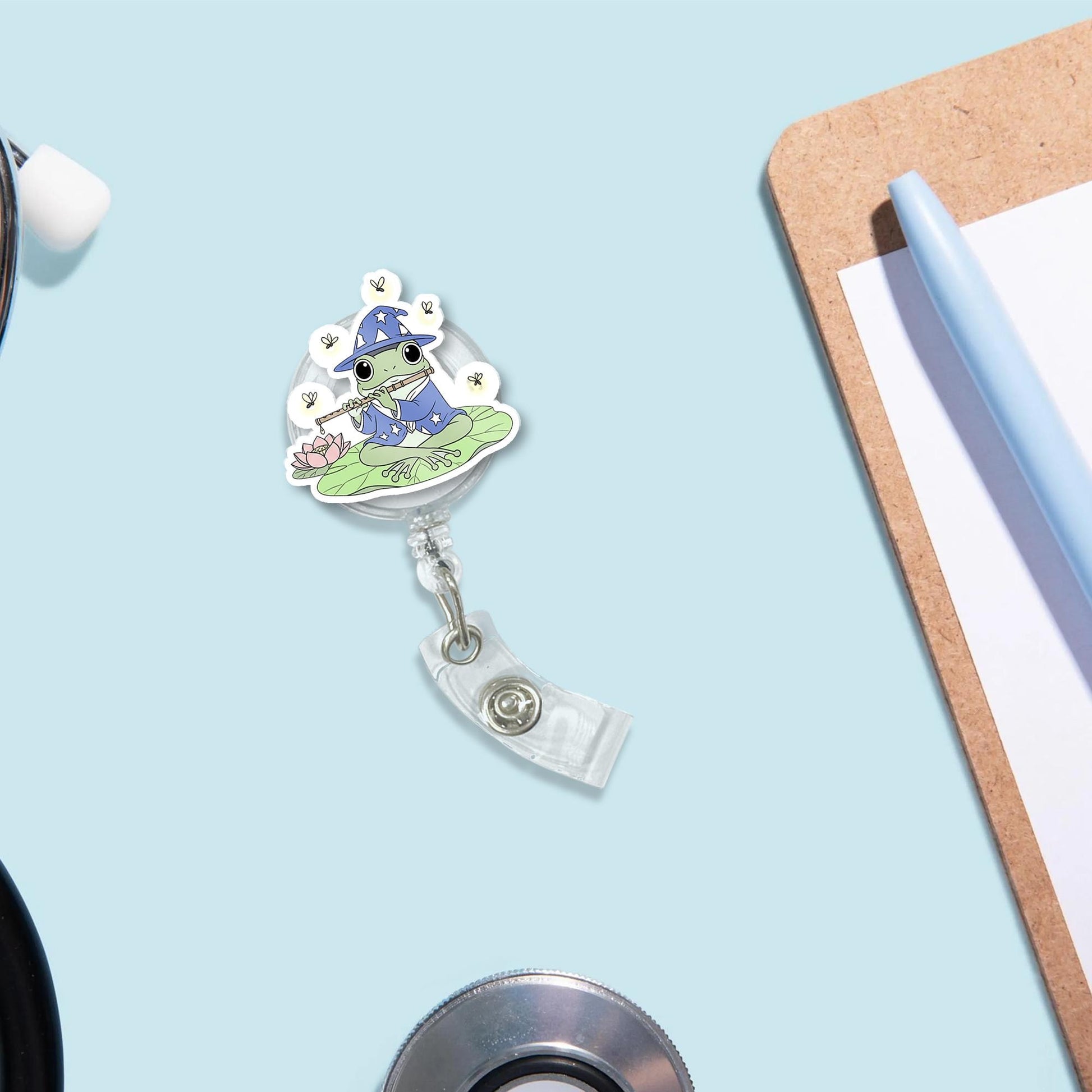 Wizard Frog Badge Reel – Cute Retractable ID Clip for Nurses, Teachers, or Students, Frog Playing Flute on Lily Pad, Fantasy Gift Idea