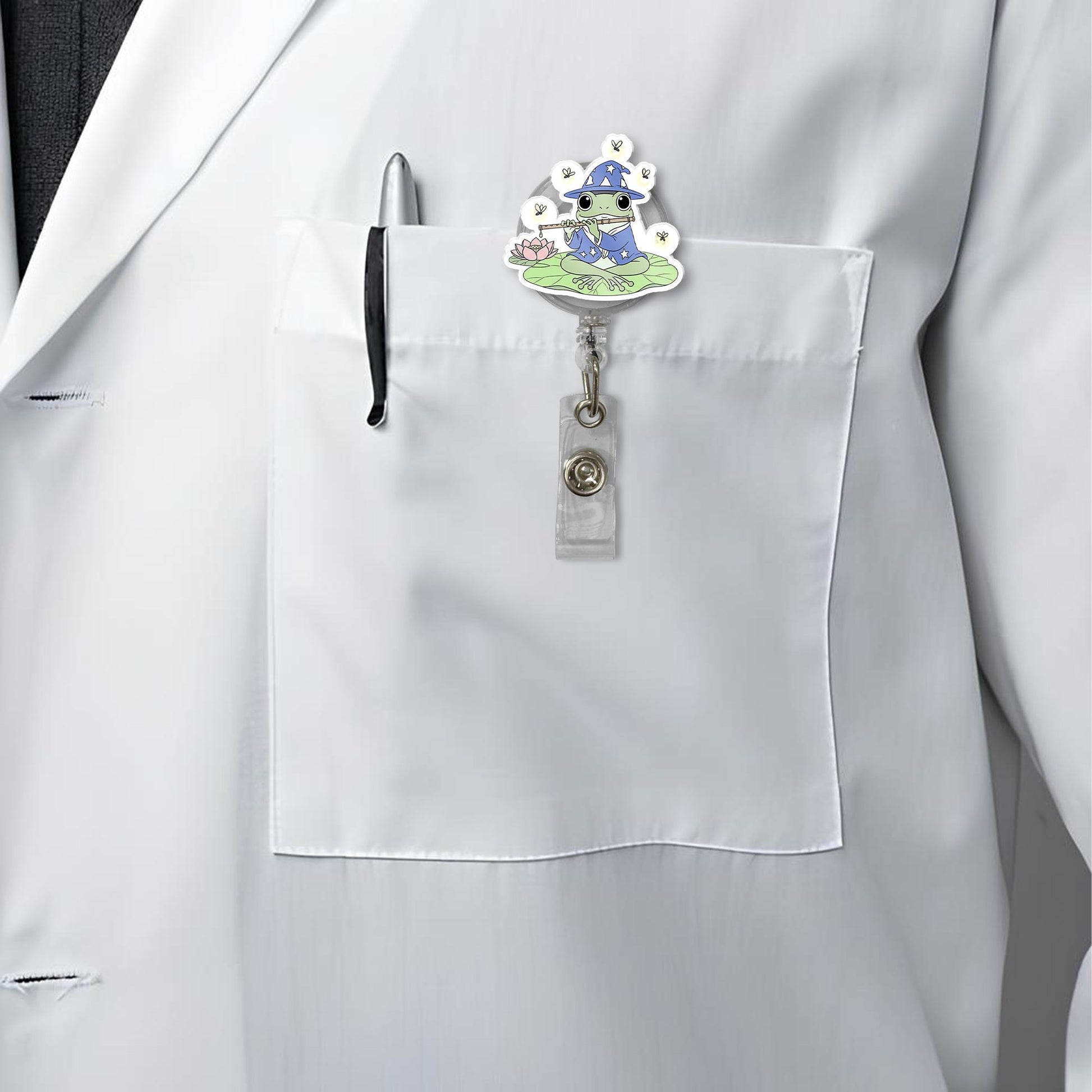 Wizard Frog Badge Reel – Cute Retractable ID Clip for Nurses, Teachers, or Students, Frog Playing Flute on Lily Pad, Fantasy Gift Idea