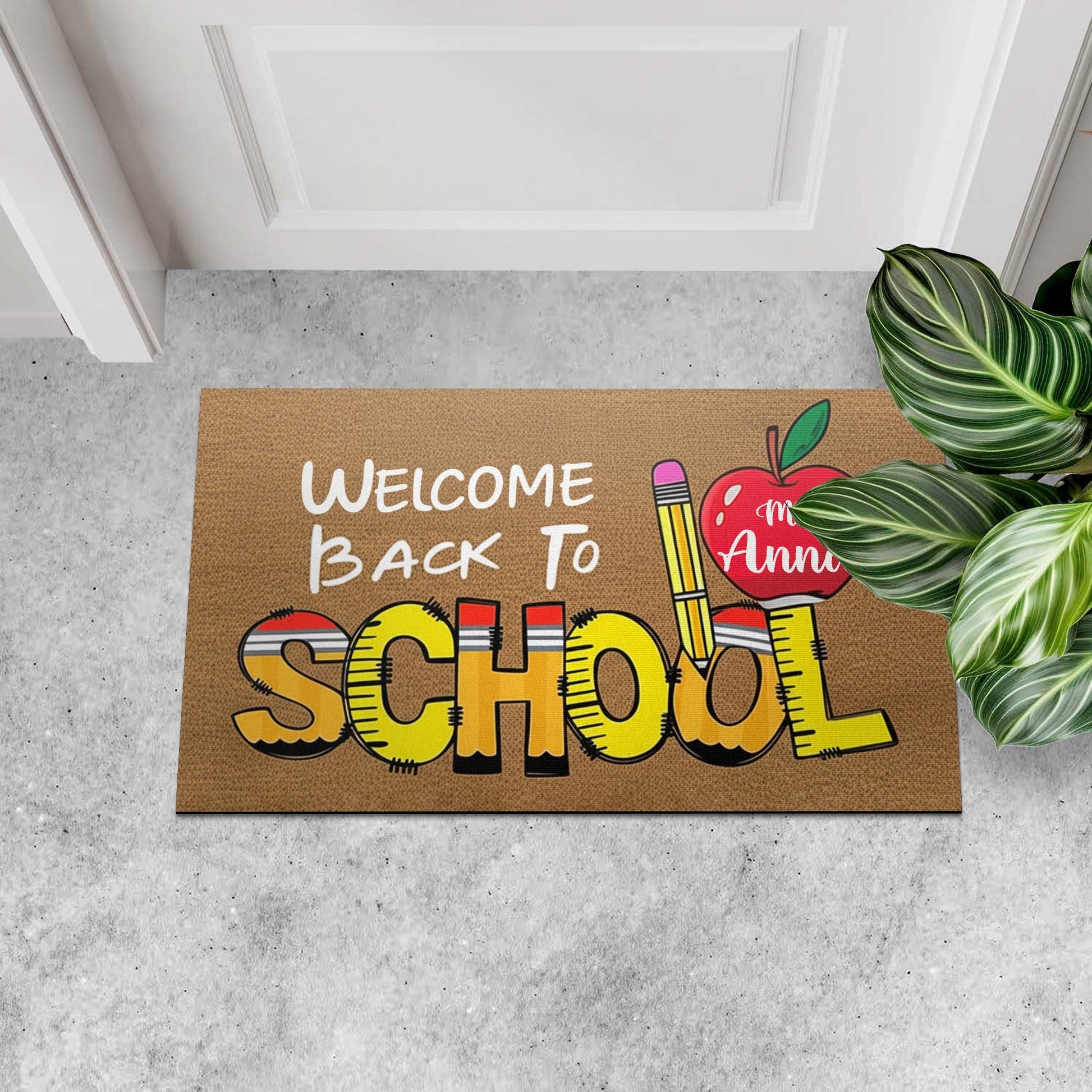 Personalized “Welcome Back To School” Doormat, Teacher Name Apple & Pencil Rug, Custom Classroom Door Mat, First Day School Mat