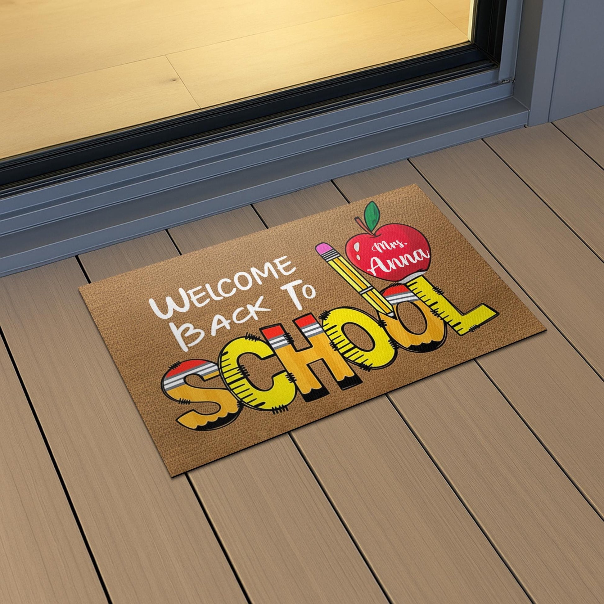 Personalized “Welcome Back To School” Doormat, Teacher Name Apple & Pencil Rug, Custom Classroom Door Mat, First Day School Mat