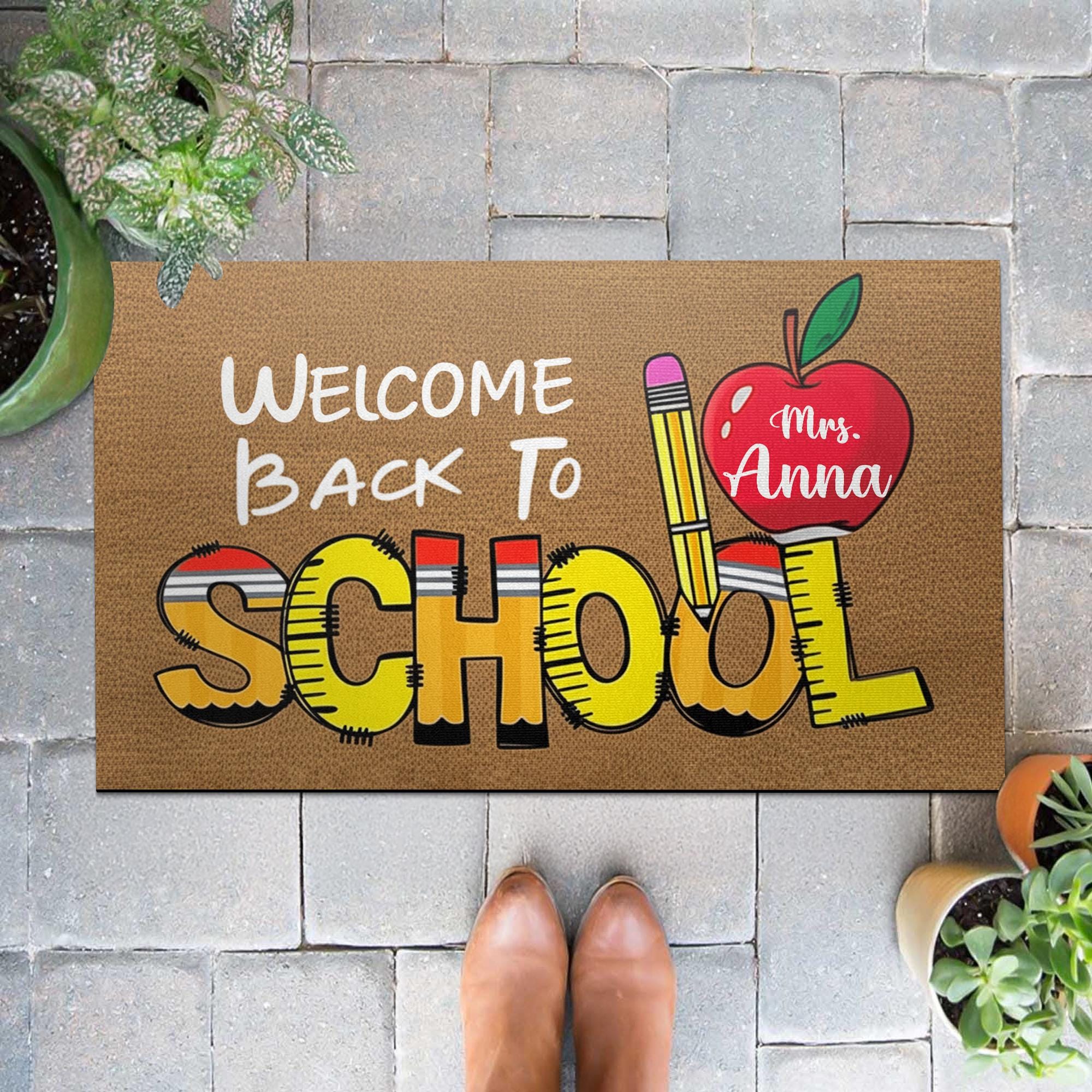 Personalized “Welcome Back To School” Doormat, Teacher Name Apple & Pencil Rug, Custom Classroom Door Mat, First Day School Mat