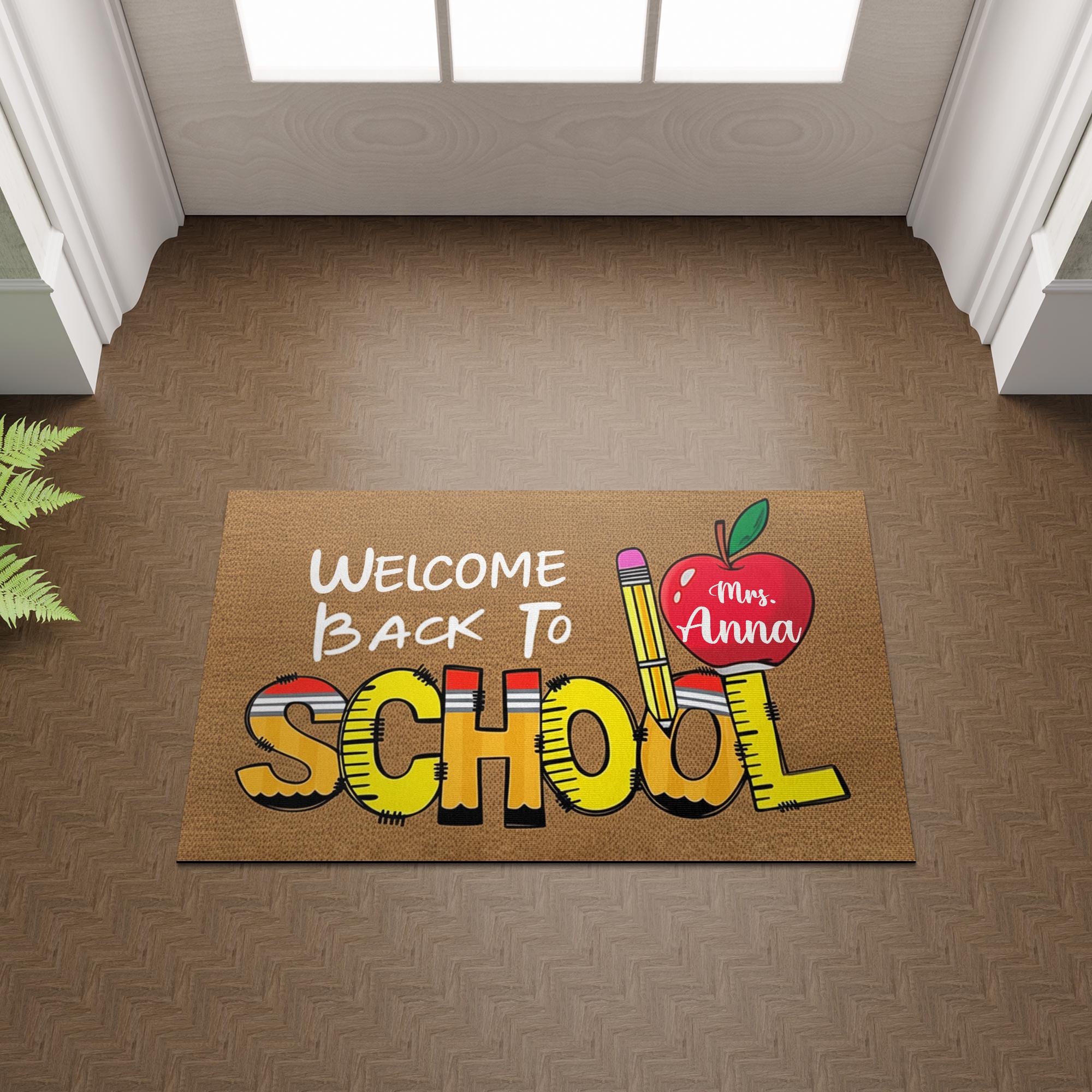 Personalized “Welcome Back To School” Doormat, Teacher Name Apple & Pencil Rug, Custom Classroom Door Mat, First Day School Mat