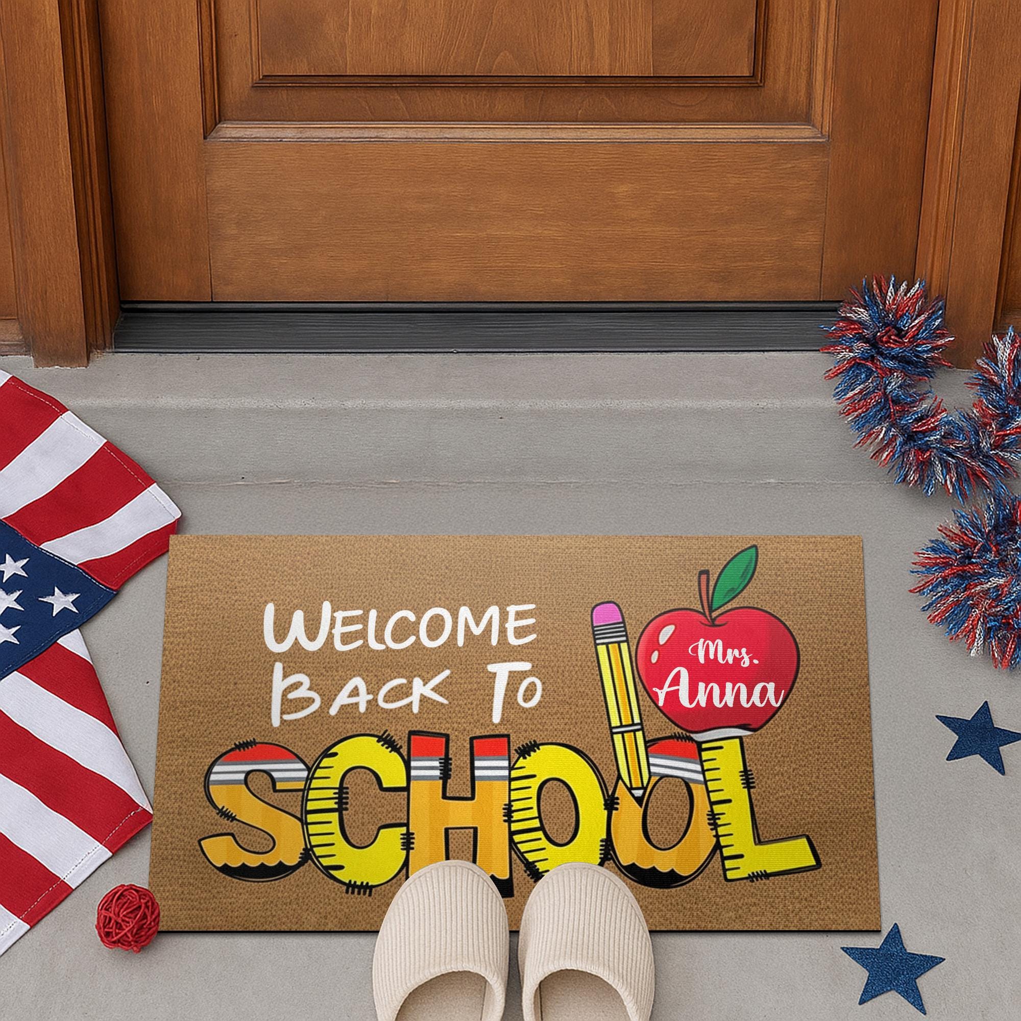 Personalized “Welcome Back To School” Doormat, Teacher Name Apple & Pencil Rug, Custom Classroom Door Mat, First Day School Mat