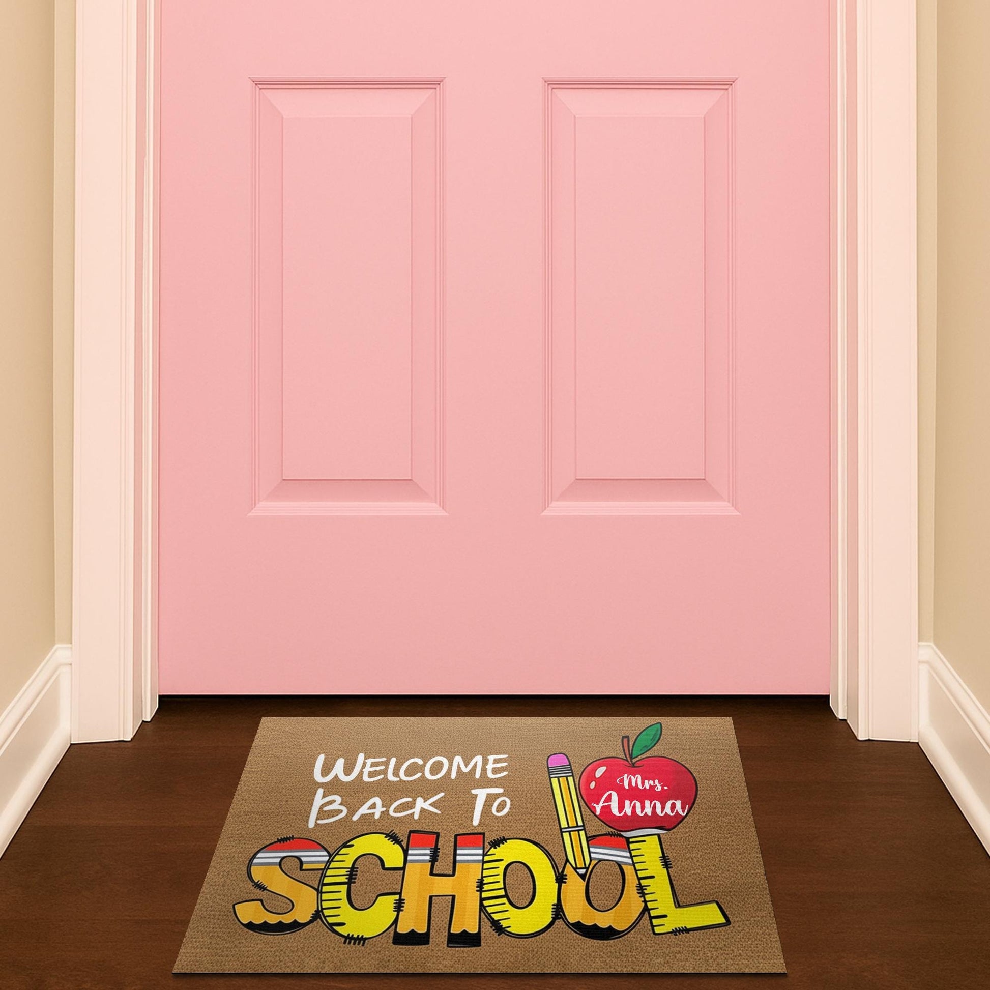 Personalized “Welcome Back To School” Doormat, Teacher Name Apple & Pencil Rug, Custom Classroom Door Mat, First Day School Mat