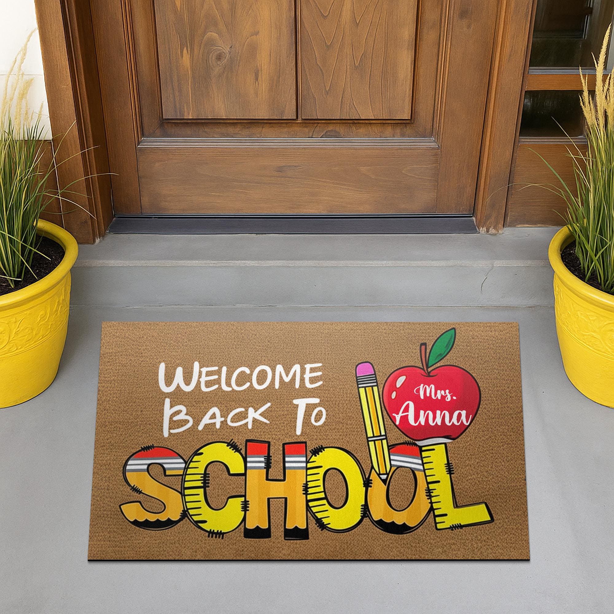 Personalized “Welcome Back To School” Doormat, Teacher Name Apple & Pencil Rug, Custom Classroom Door Mat, First Day School Mat