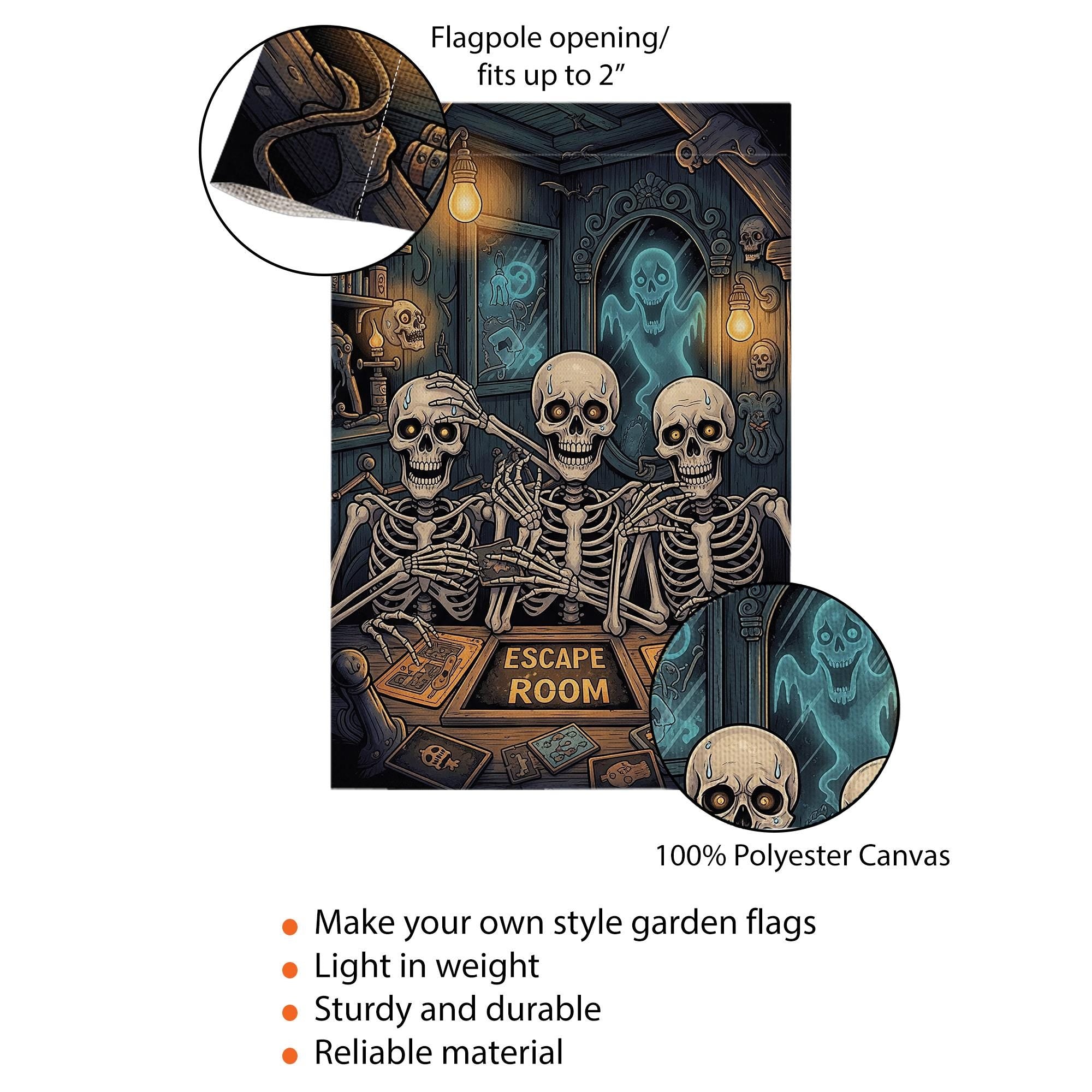 Funny Skeleton Escape Room Garden Flag – Spooky Halloween Outdoor Decor, Haunted Puzzle Game Yard Sign, Gothic Skeleton Humor Gift