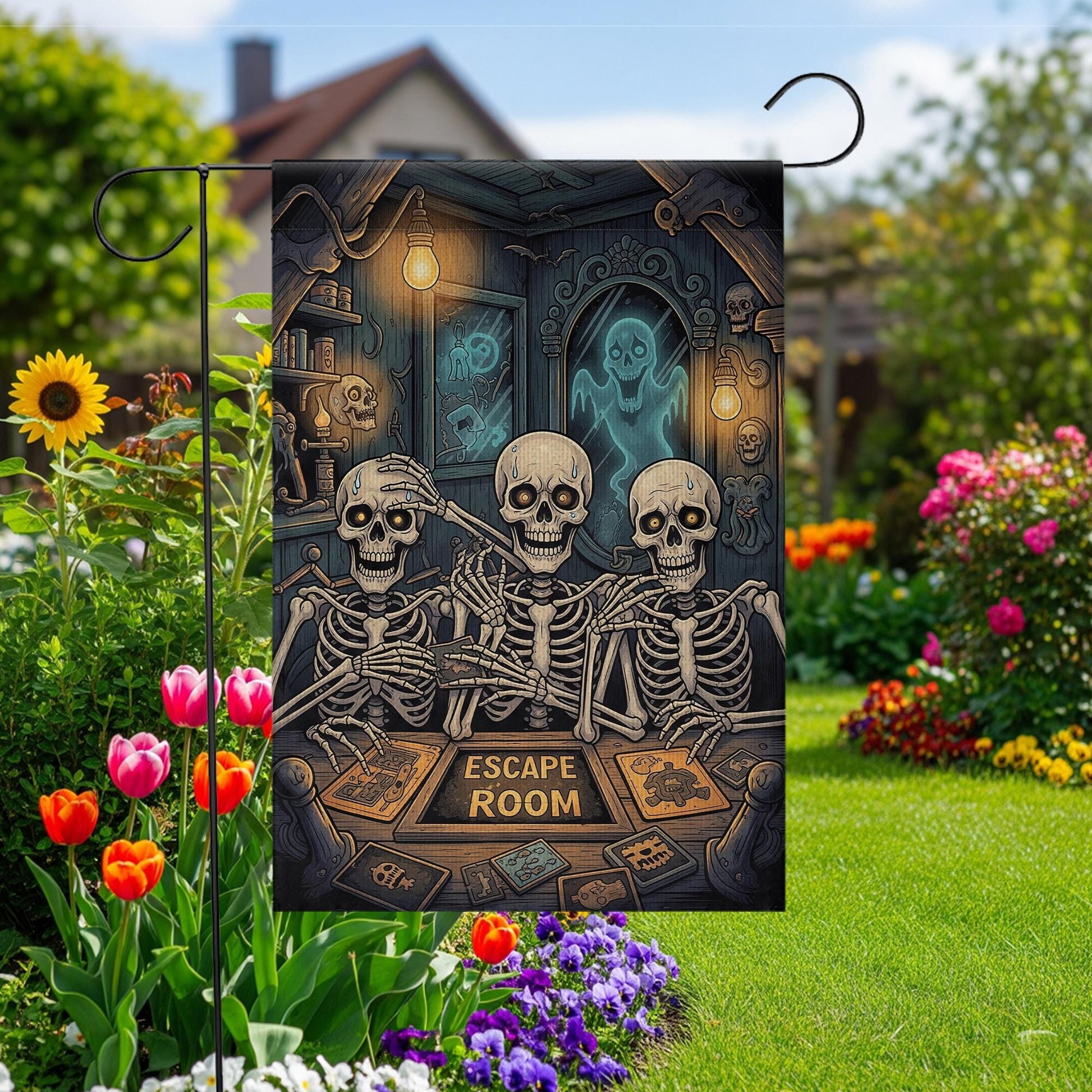 Funny Skeleton Escape Room Garden Flag – Spooky Halloween Outdoor Decor, Haunted Puzzle Game Yard Sign, Gothic Skeleton Humor Gift