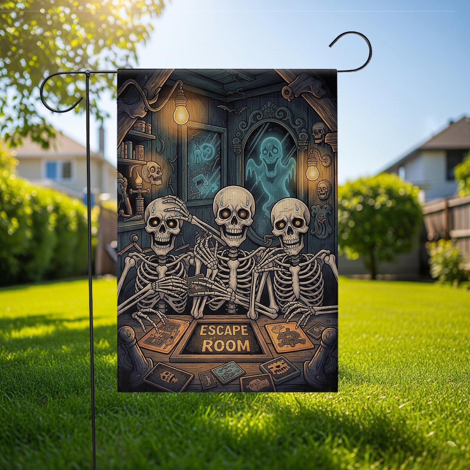Funny Skeleton Escape Room Garden Flag – Spooky Halloween Outdoor Decor, Haunted Puzzle Game Yard Sign, Gothic Skeleton Humor Gift