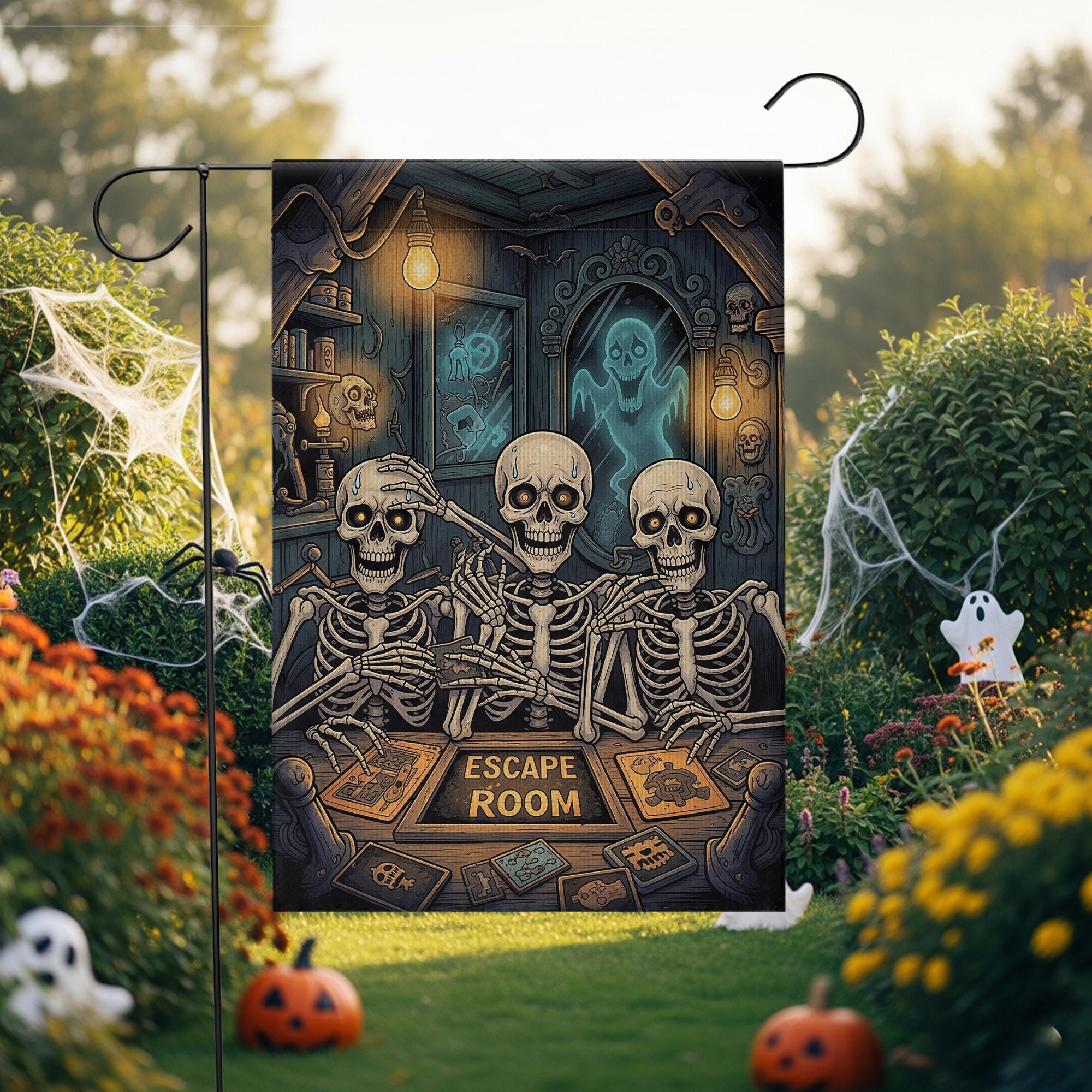 Funny Skeleton Escape Room Garden Flag – Spooky Halloween Outdoor Decor, Haunted Puzzle Game Yard Sign, Gothic Skeleton Humor Gift