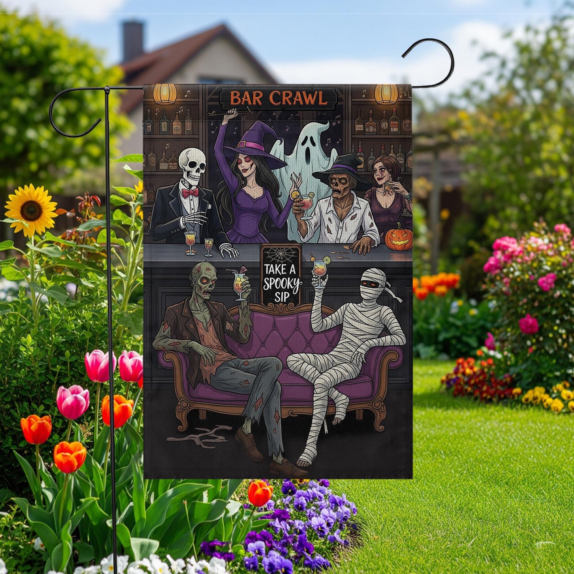 Funny Halloween Bar Crawl Garden Flag – Spooky Party Yard Decor with Skeletons, Witch, Mummy, Ghost – Outdoor Fall Boozy Decoration