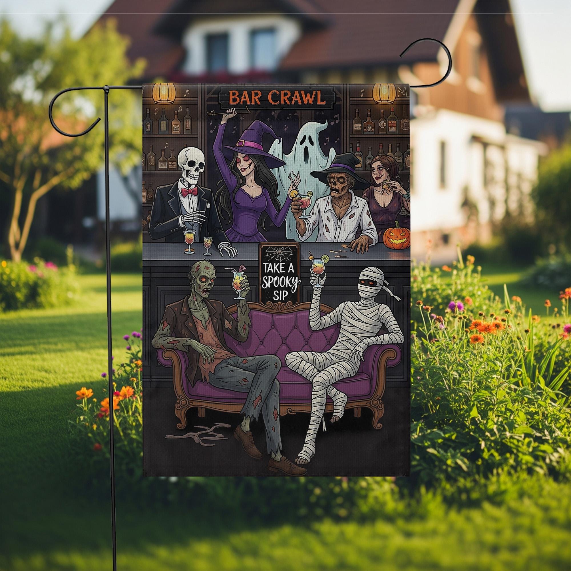 Funny Halloween Bar Crawl Garden Flag – Spooky Party Yard Decor with Skeletons, Witch, Mummy, Ghost – Outdoor Fall Boozy Decoration