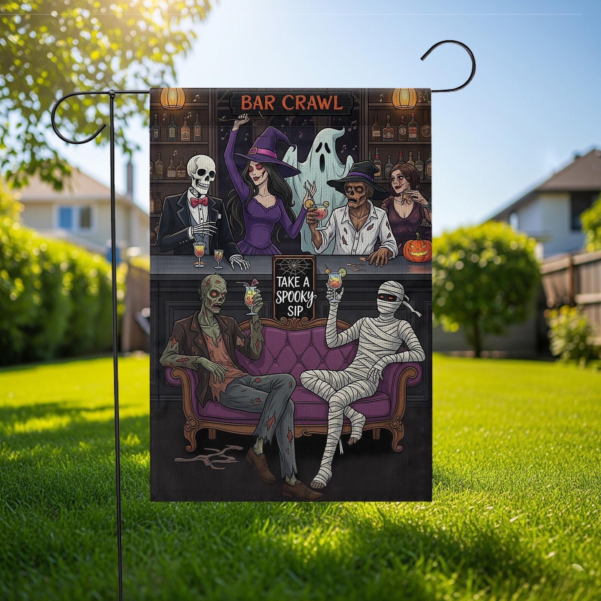 Funny Halloween Bar Crawl Garden Flag – Spooky Party Yard Decor with Skeletons, Witch, Mummy, Ghost – Outdoor Fall Boozy Decoration