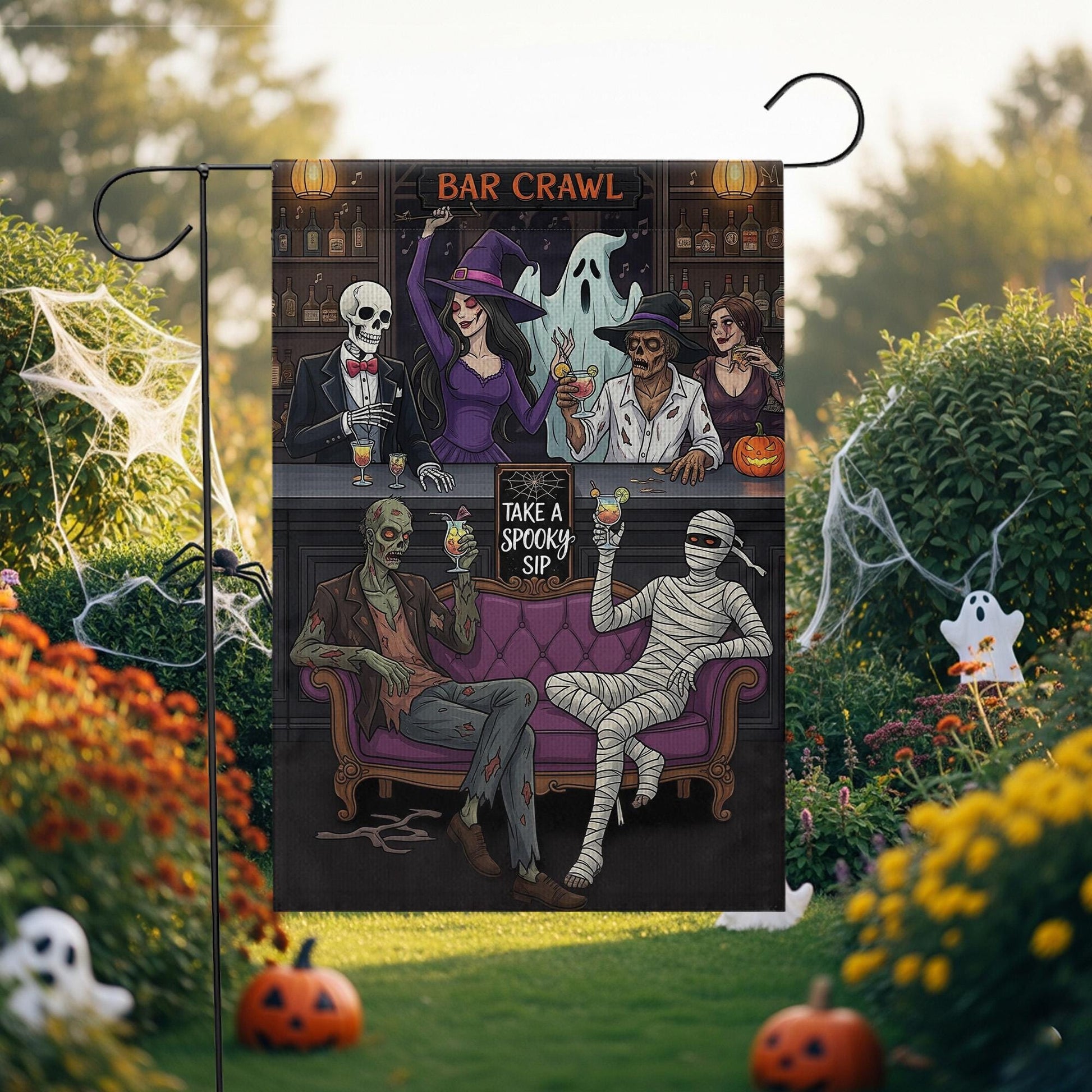 Funny Halloween Bar Crawl Garden Flag – Spooky Party Yard Decor with Skeletons, Witch, Mummy, Ghost – Outdoor Fall Boozy Decoration